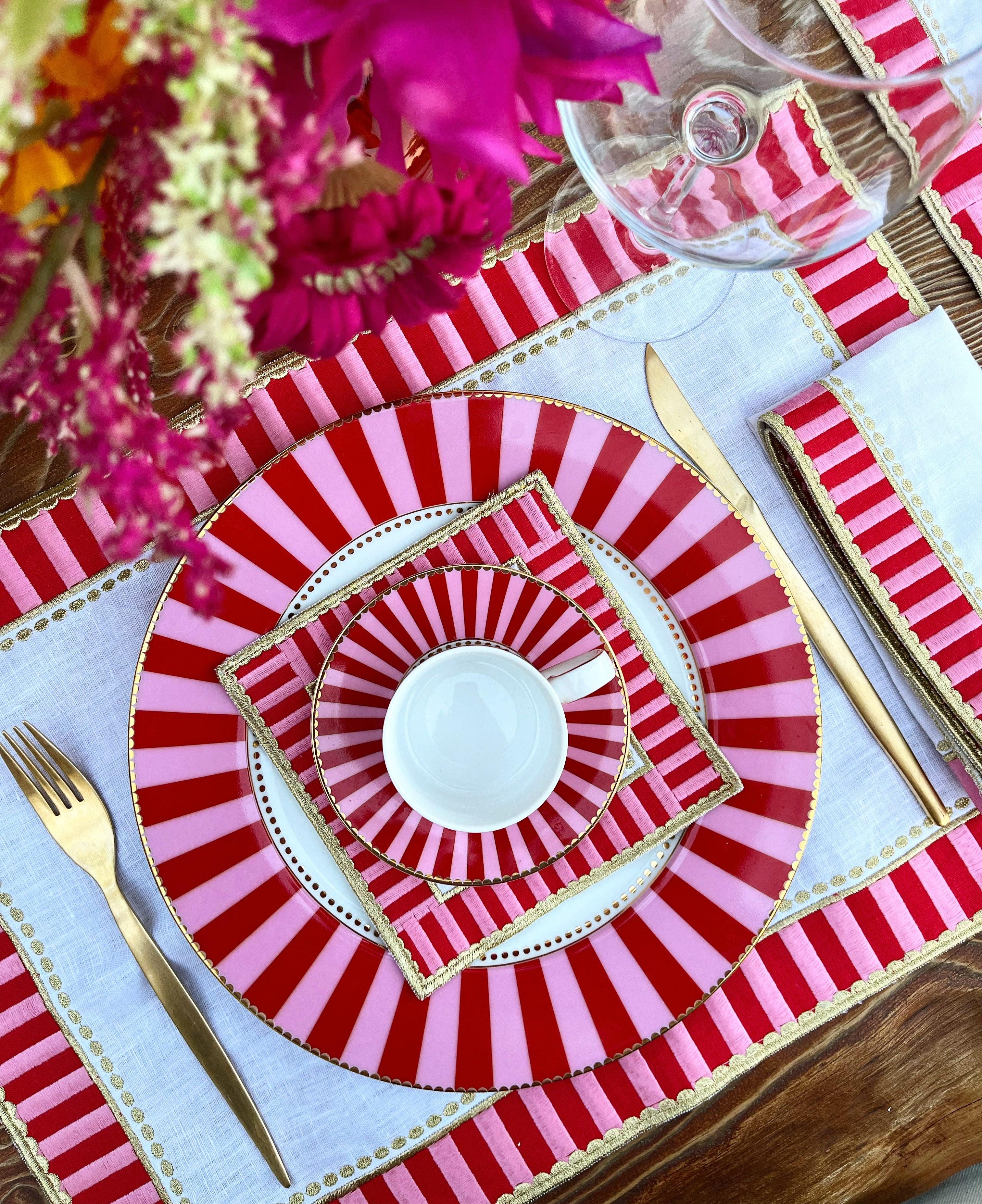 Pink Checkers Dinner  Napkin Set – 100% Linen Cloth Napkins – Pink & Red Embroidered White Linen