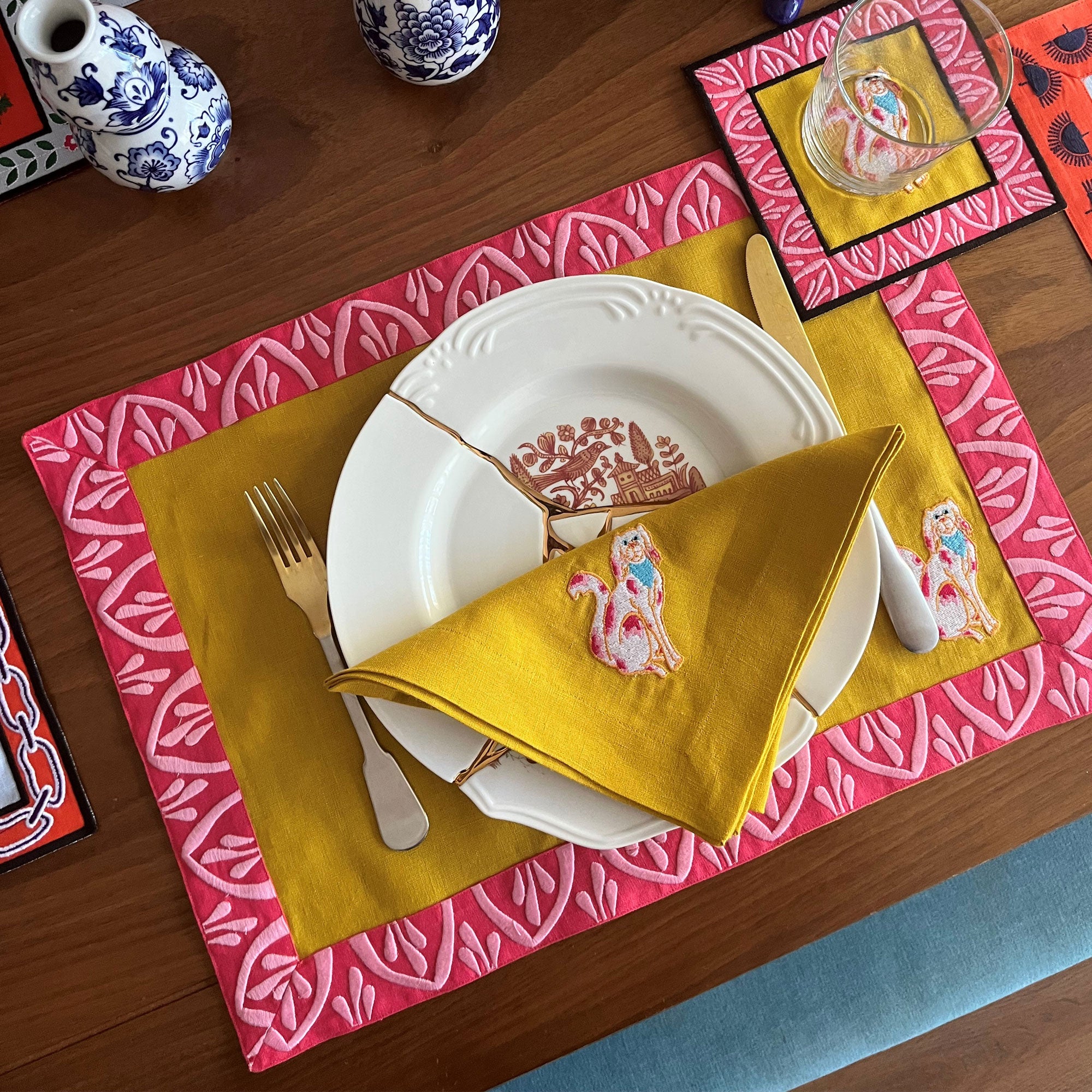 Decorative Animal Print Dinner Napkins - Dog Pattern Mustard Yellow Linen Napkin Set of 2, 4, 6