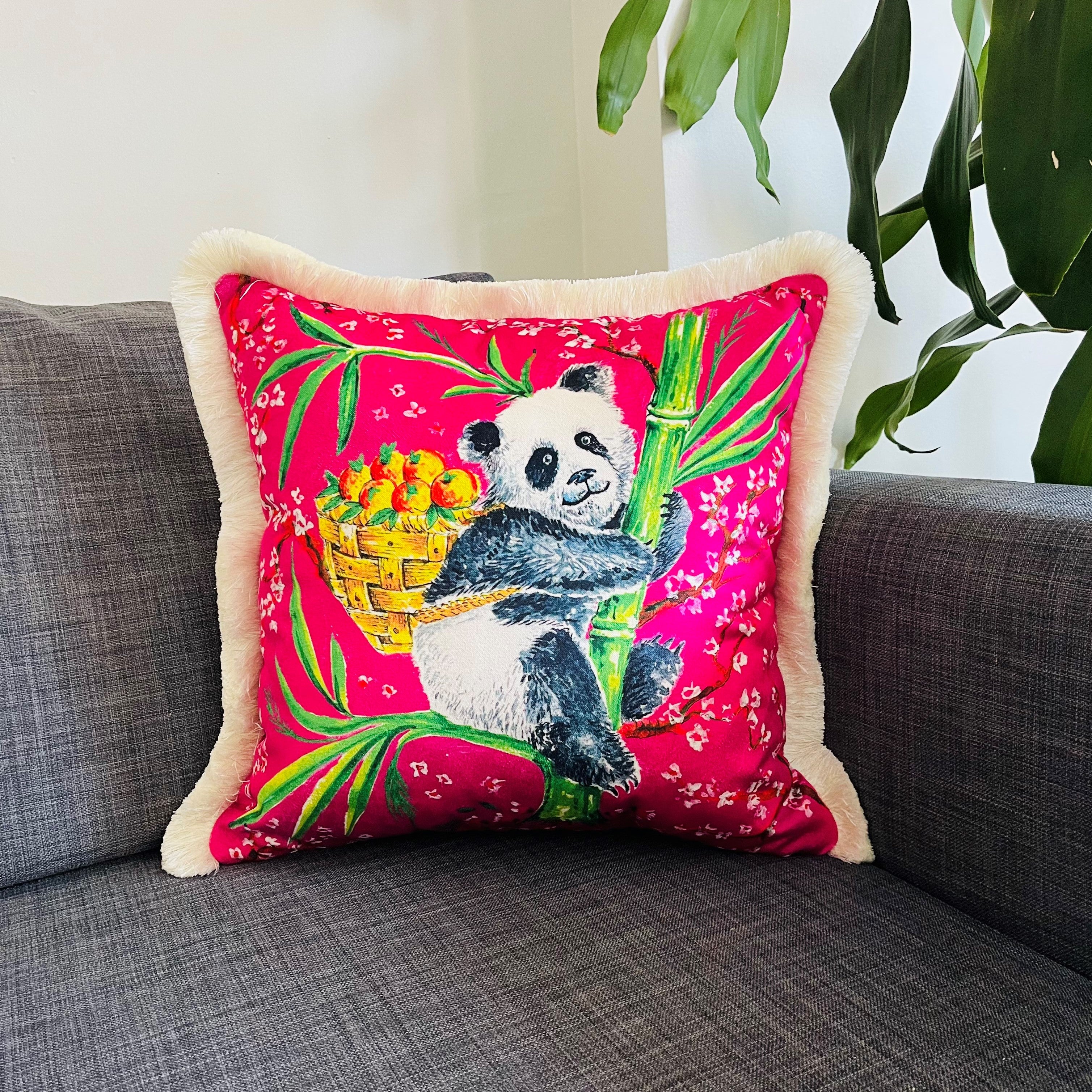 Panda Pattern Pillow Cover | Pink Velvet Throw Pillow | Cream Tassel Decor