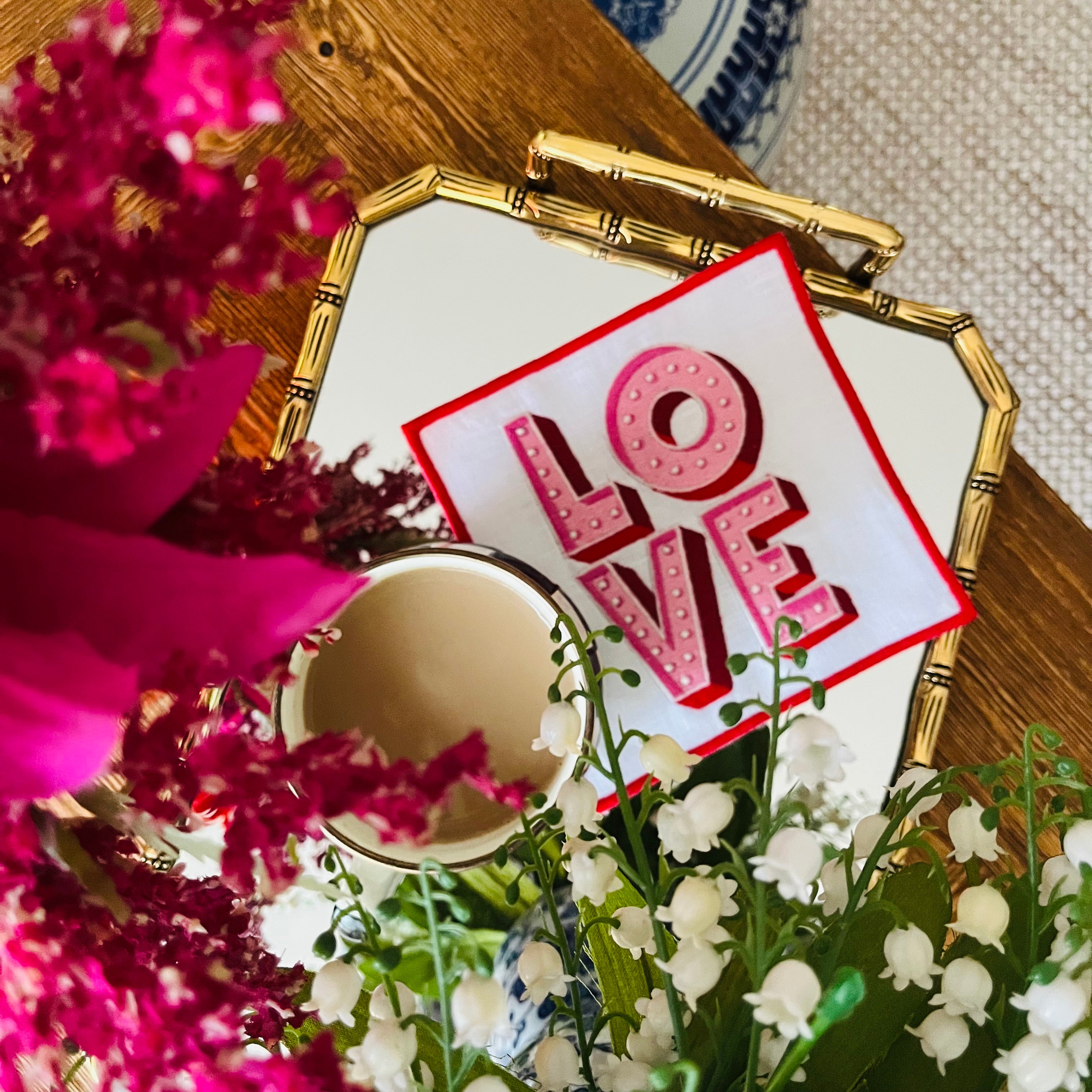 LOVE Embroidered Pink Linen Cocktail Napkins | Romantic Hostess Gift | Valentine's Day or Engagement Party Decor