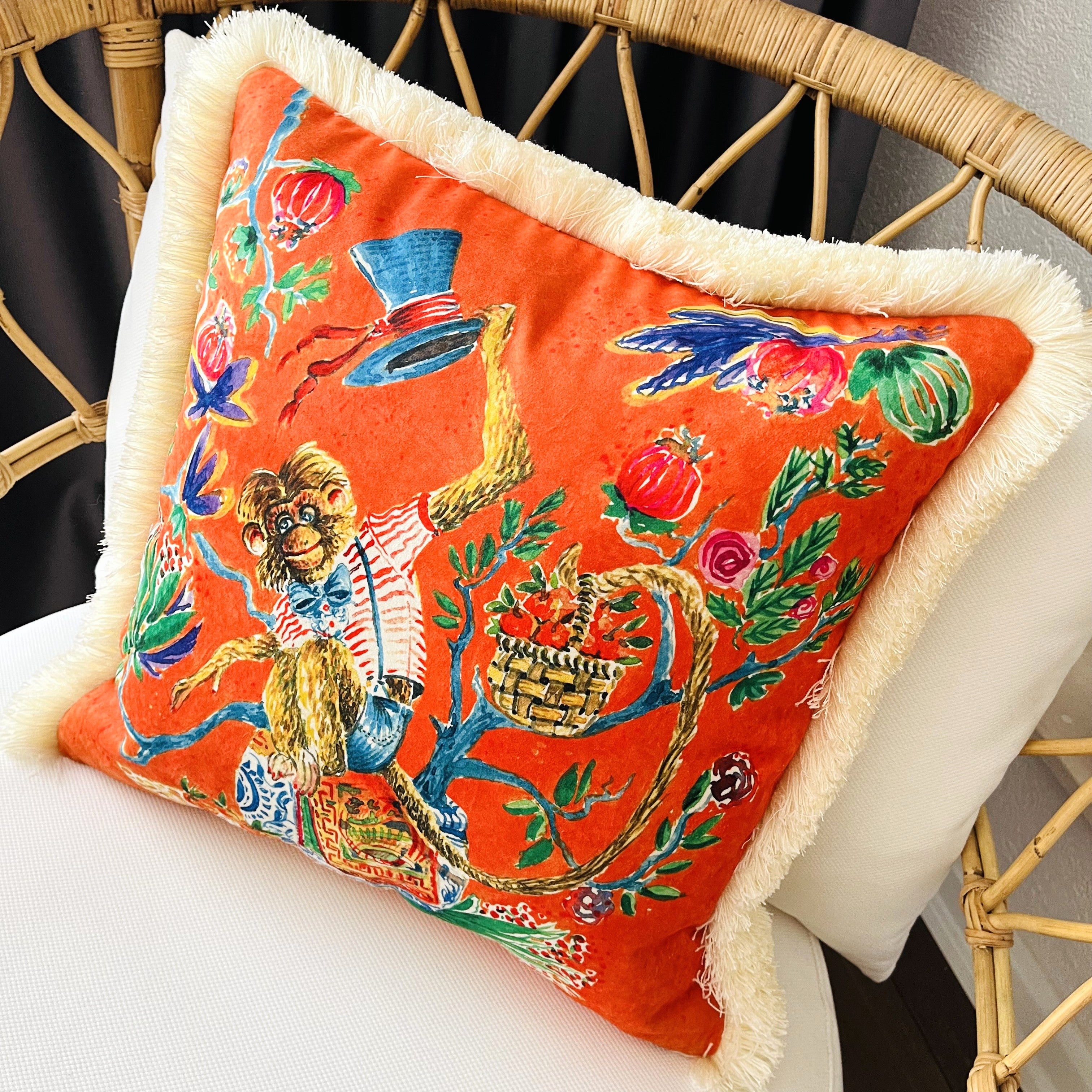 Monkey Pattern Pillow Cover | Orange Velvet Throw Pillow | Beige Tassel Decor | Symbol of Blessing