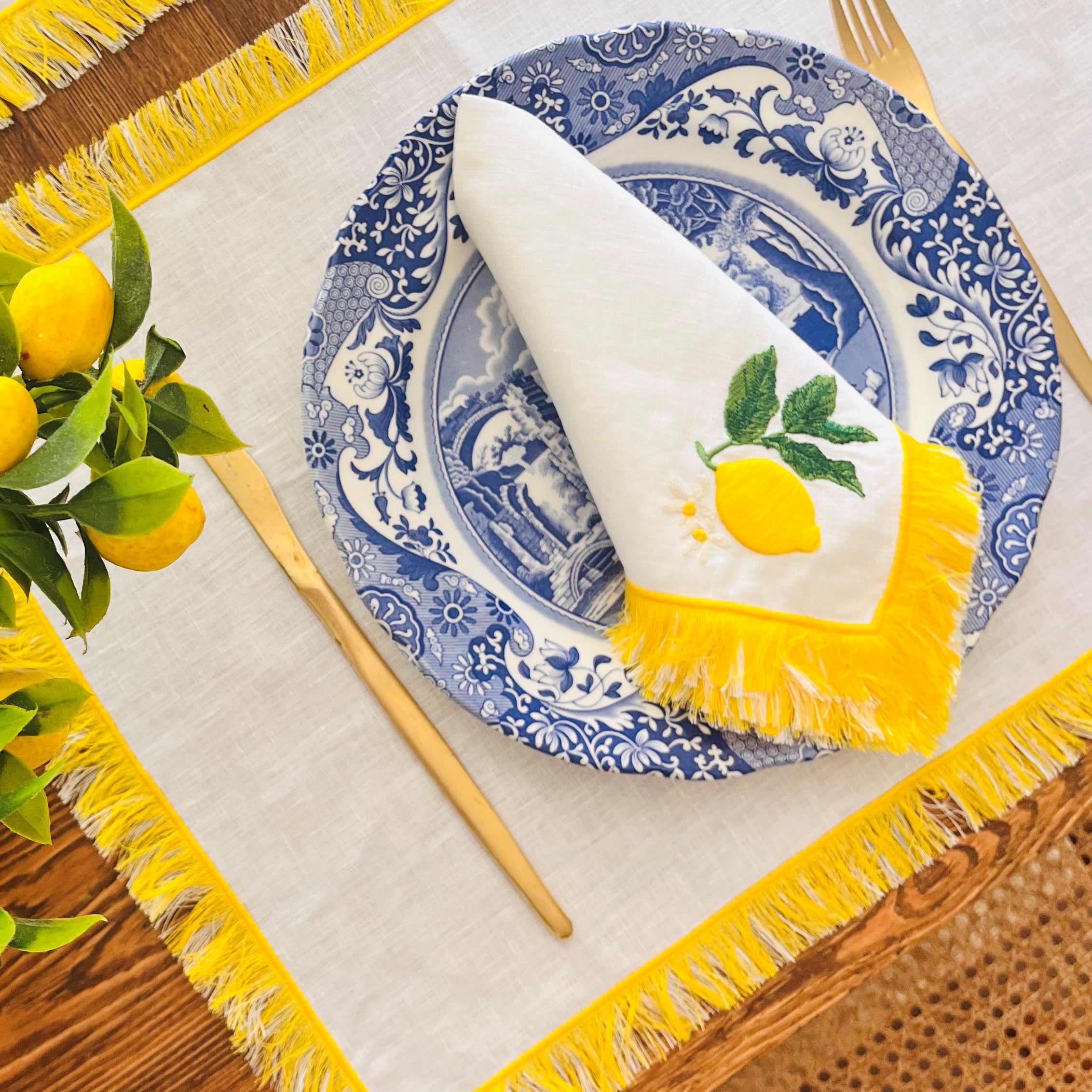 Lemon Pattern Linen Napkins | Handmade Tassels | 100% Linen Napkin Set