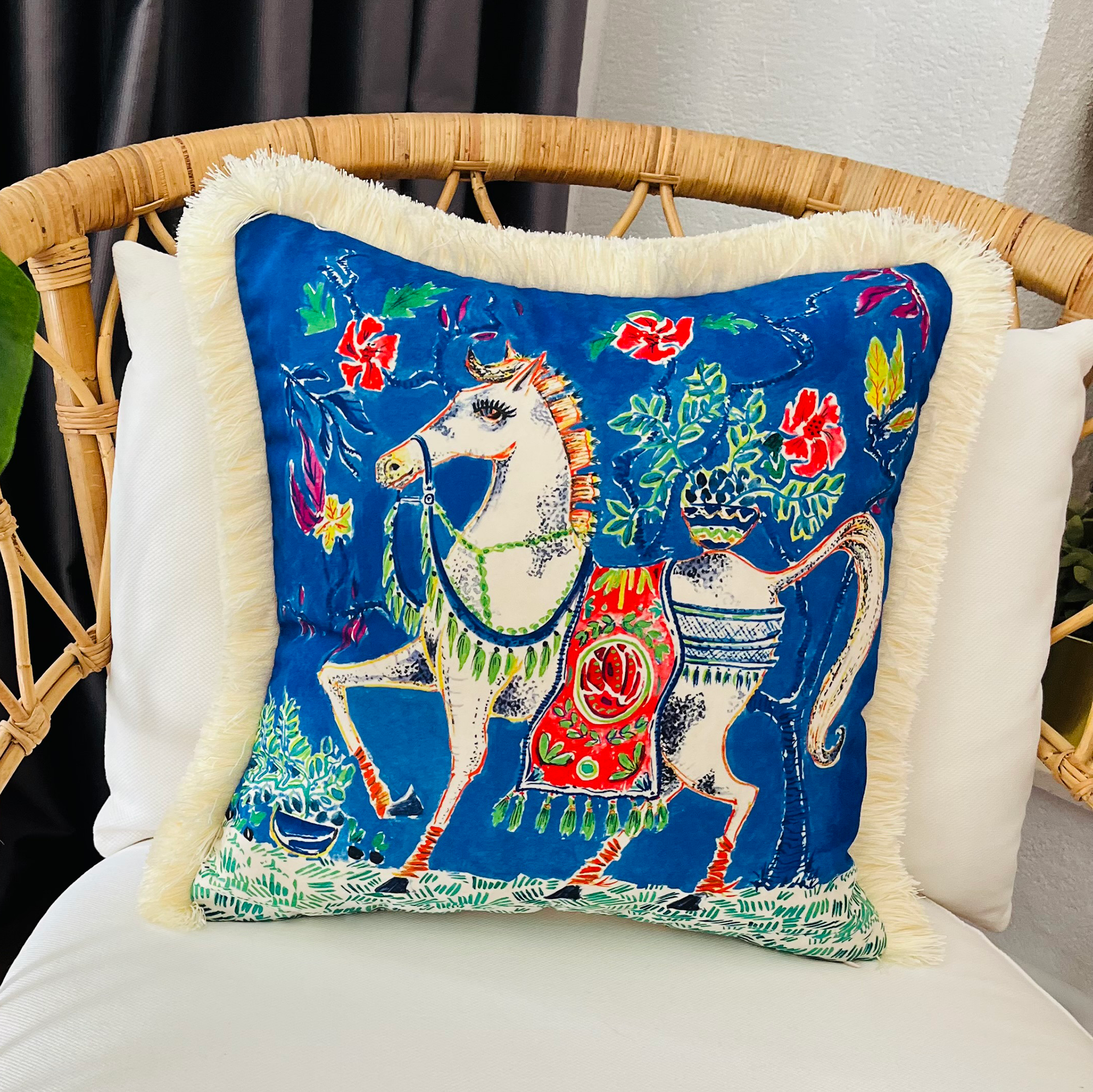 White Horse Blue Velvet Pillow | Symbol of Power | Cream Tassel Cushion | Handmade Art Decor