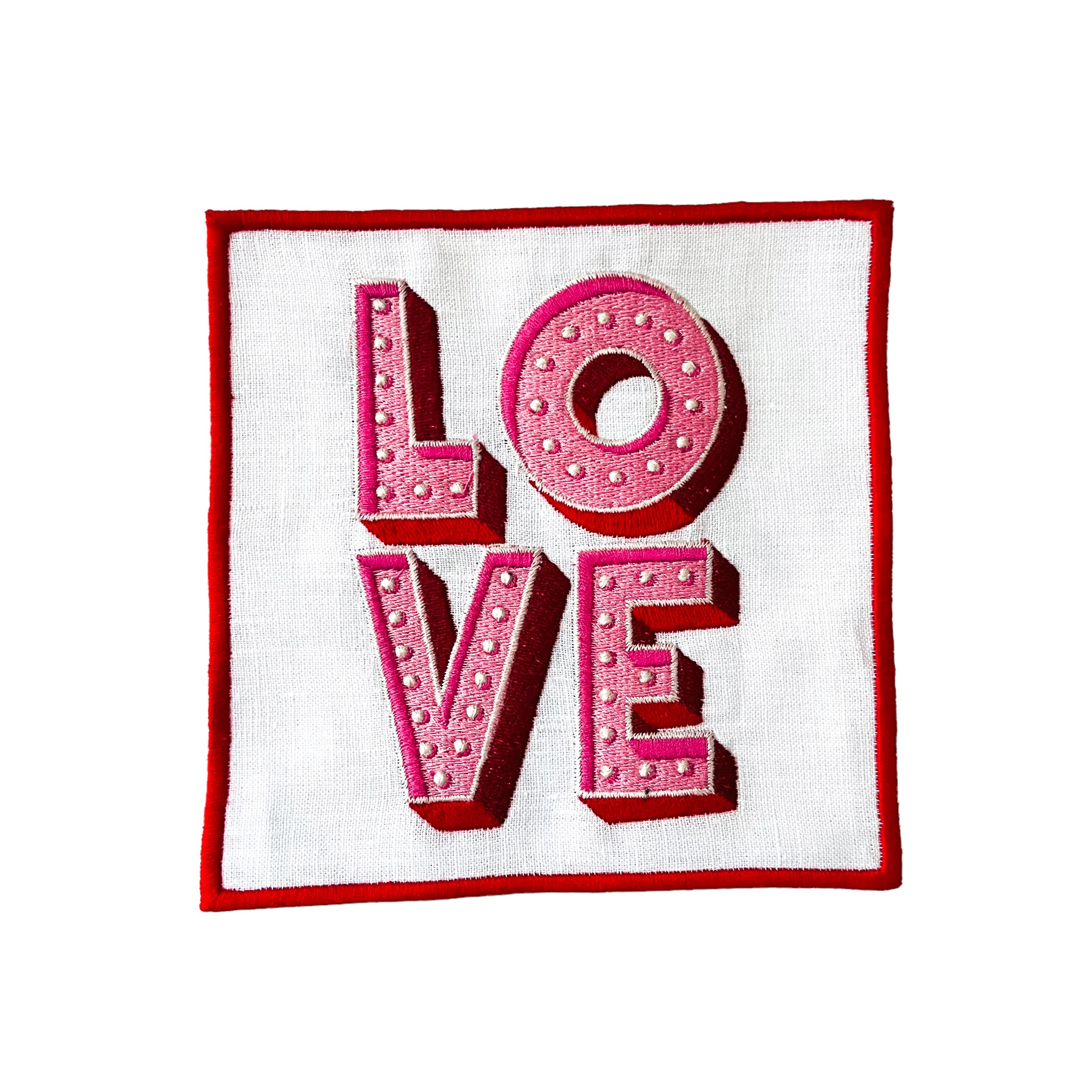 LOVE Embroidered Pink Linen Cocktail Napkins | Romantic Hostess Gift | Valentine's Day or Engagement Party Decor