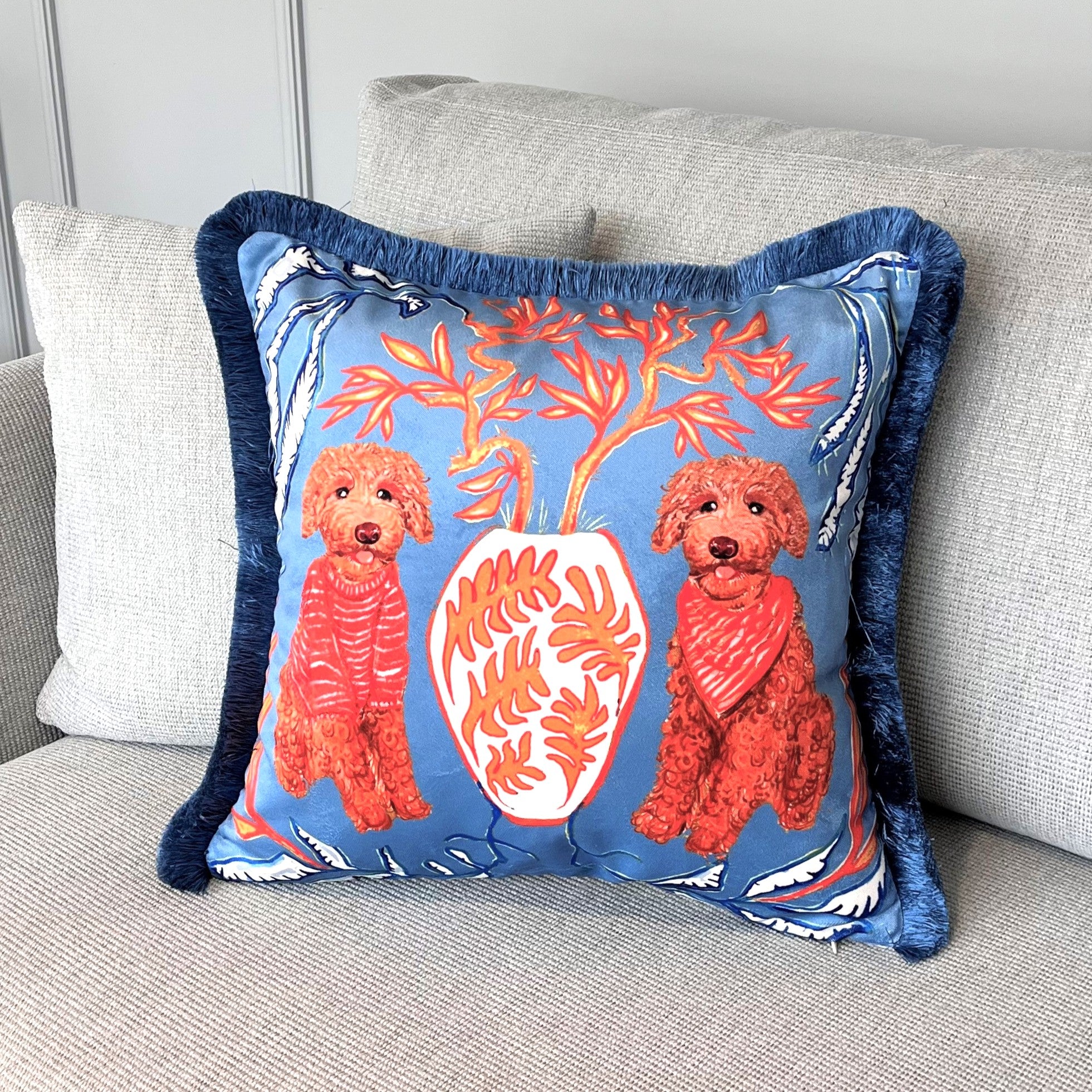 Poodle Pattern Pillow Cover | Brown Poodle Painting | Petrol Blue Tassel Animal Print Cushion