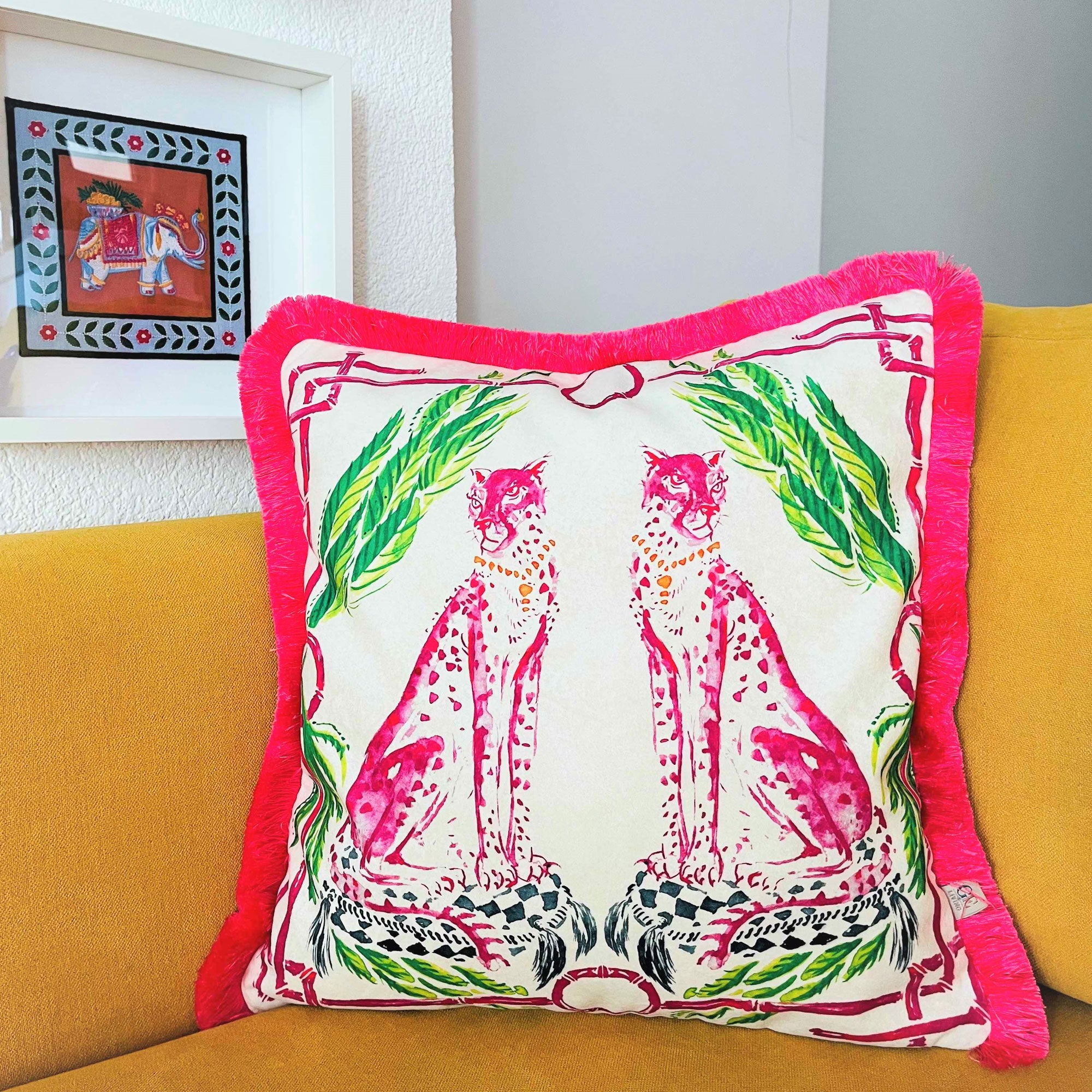 Cheetah Velvet Pillow Cover | Animal Print Cushion | Pink Tassel Couch Decor