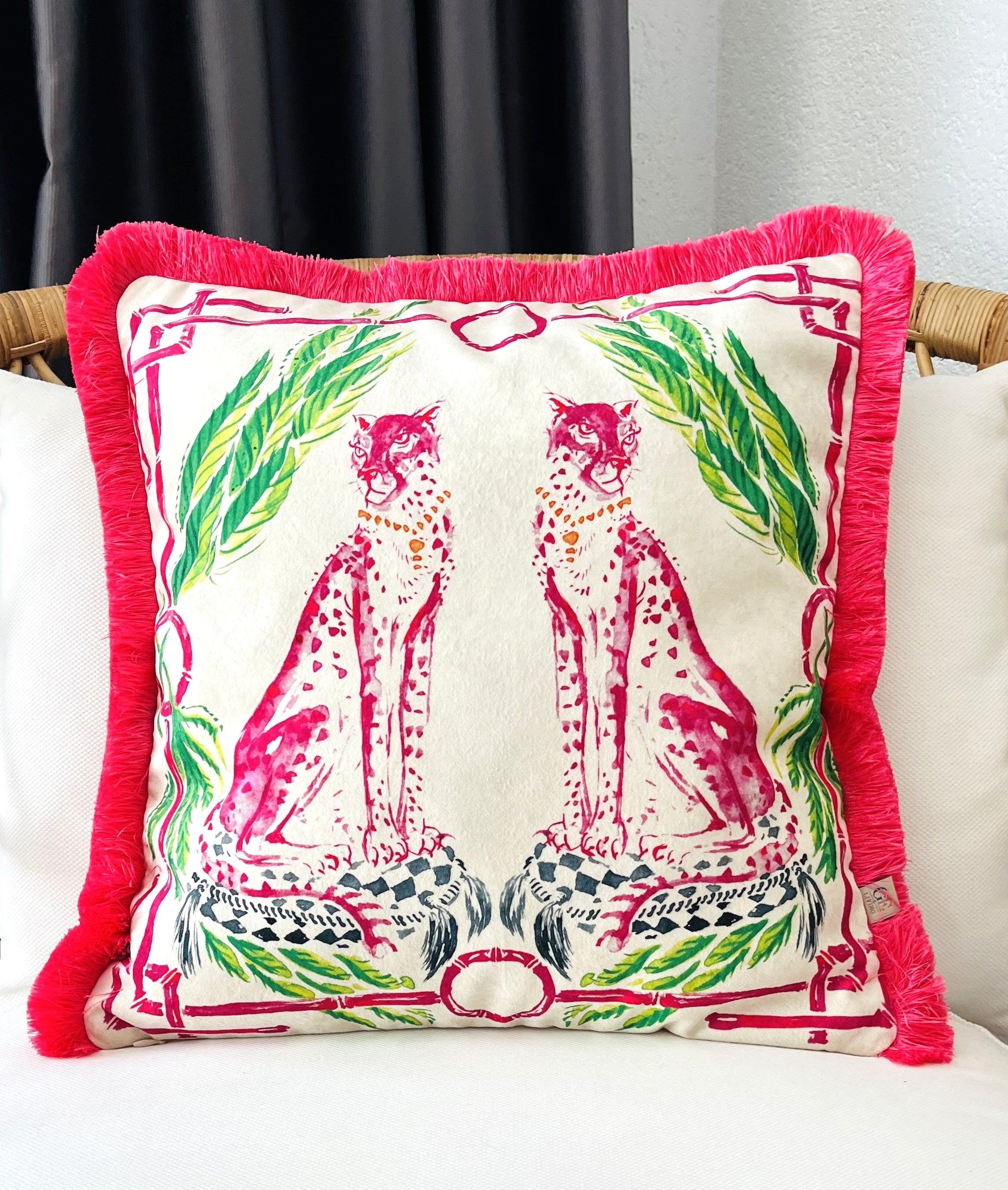 Cheetah Velvet Pillow Cover | Animal Print Cushion | Pink Tassel Couch Decor