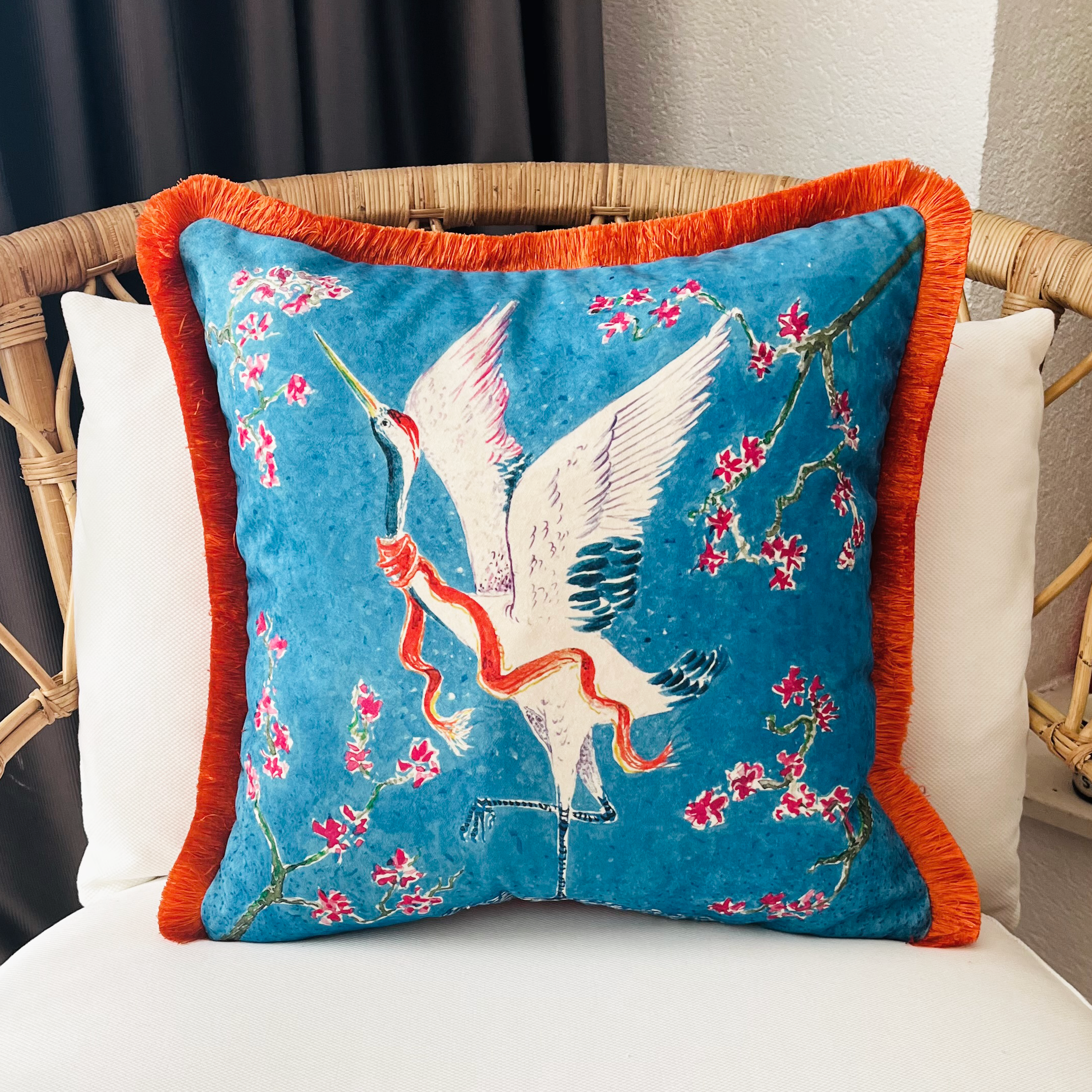 Japanese Crane Pattern Pillow Cover | Blue Velvet Throw Pillow | Feng Shui Symbol of Blessing