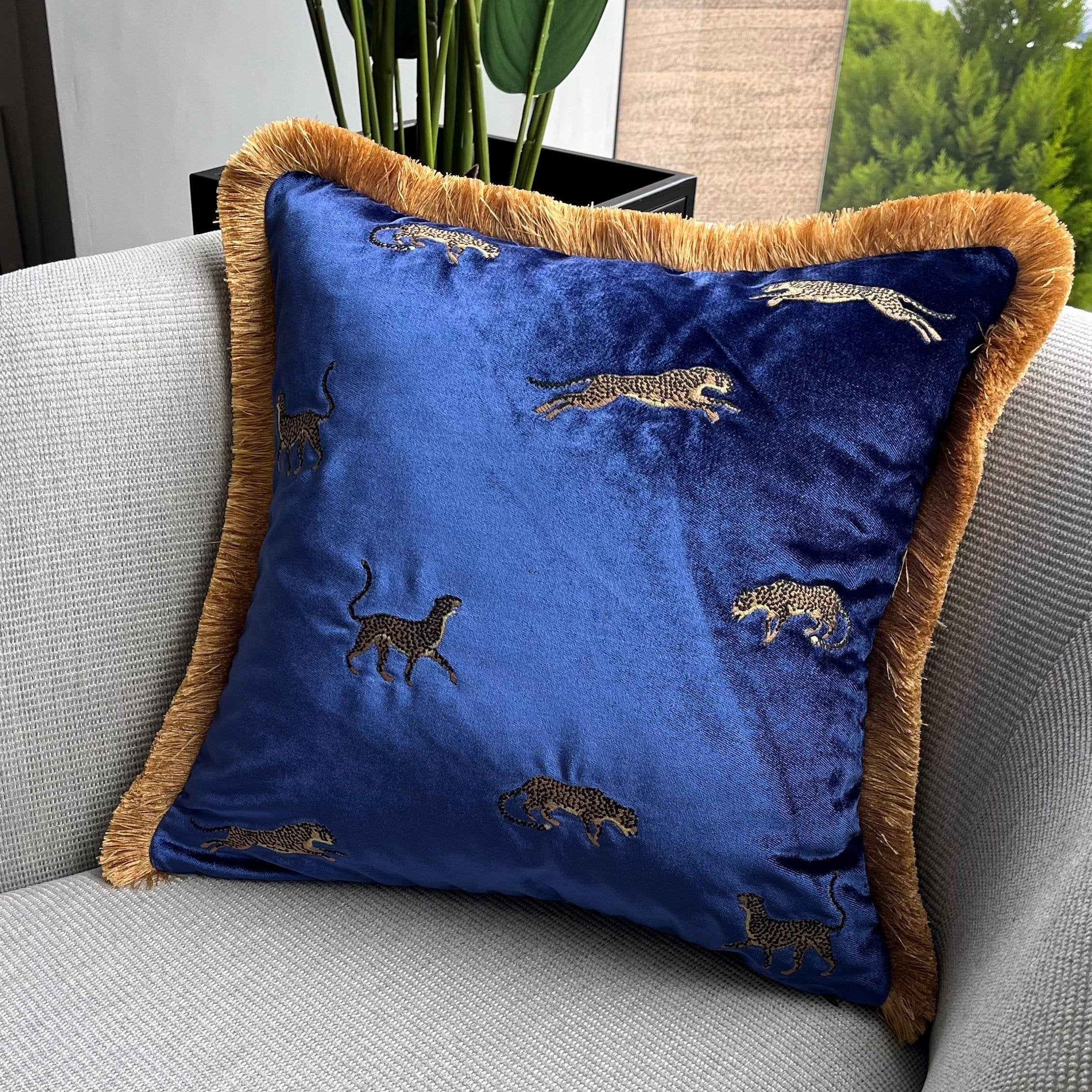 Leopard Pattern Blue Velvet Pillow Cover | Shiny Navy Blue Velvet Pillow | Gold Tassel Cushion Cover for Couch | Leopard Print Gift Idea