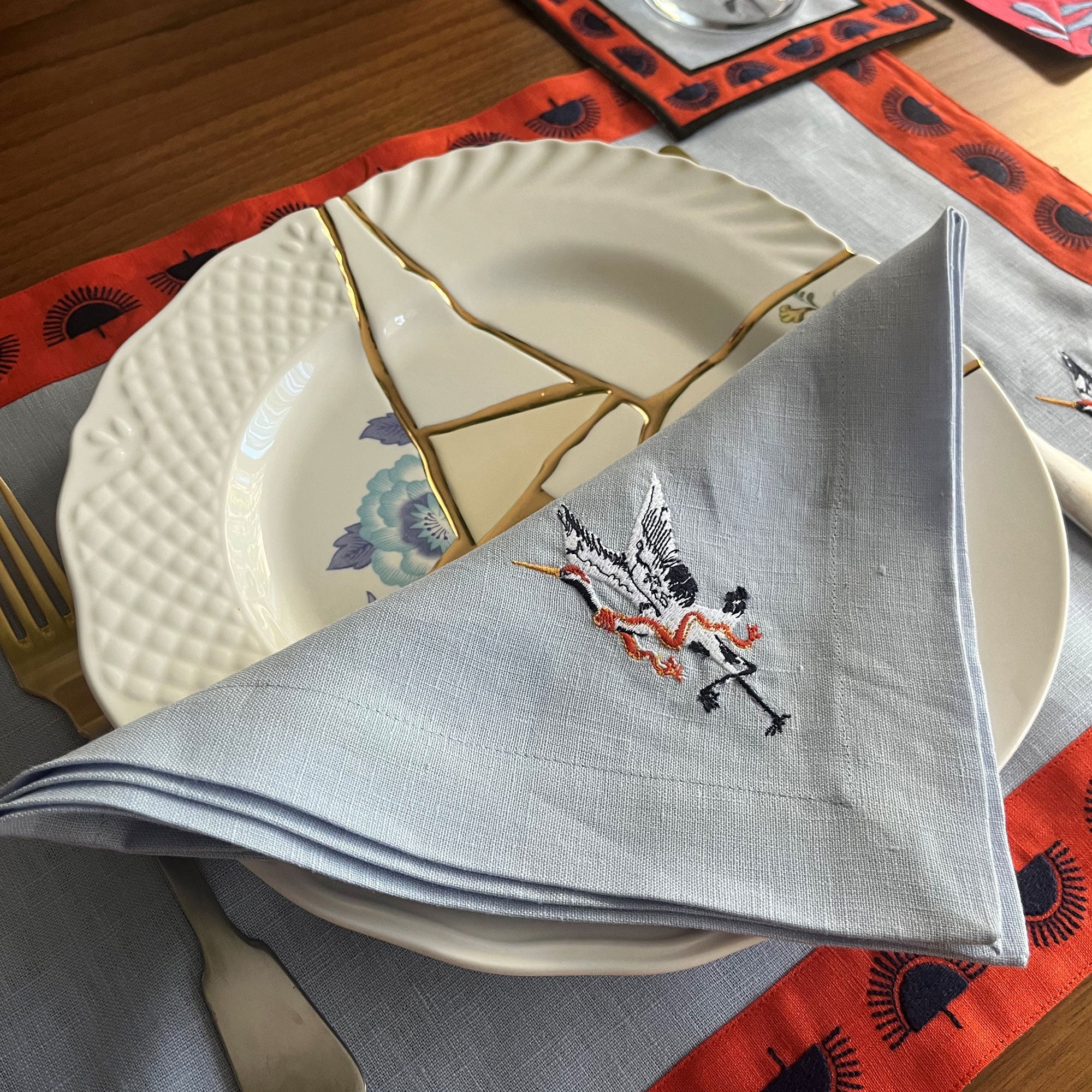 Animal Print Dinner Napkins - Japanese Crane Pattern  Blue Linen Napkin Set of 2, 4, 6