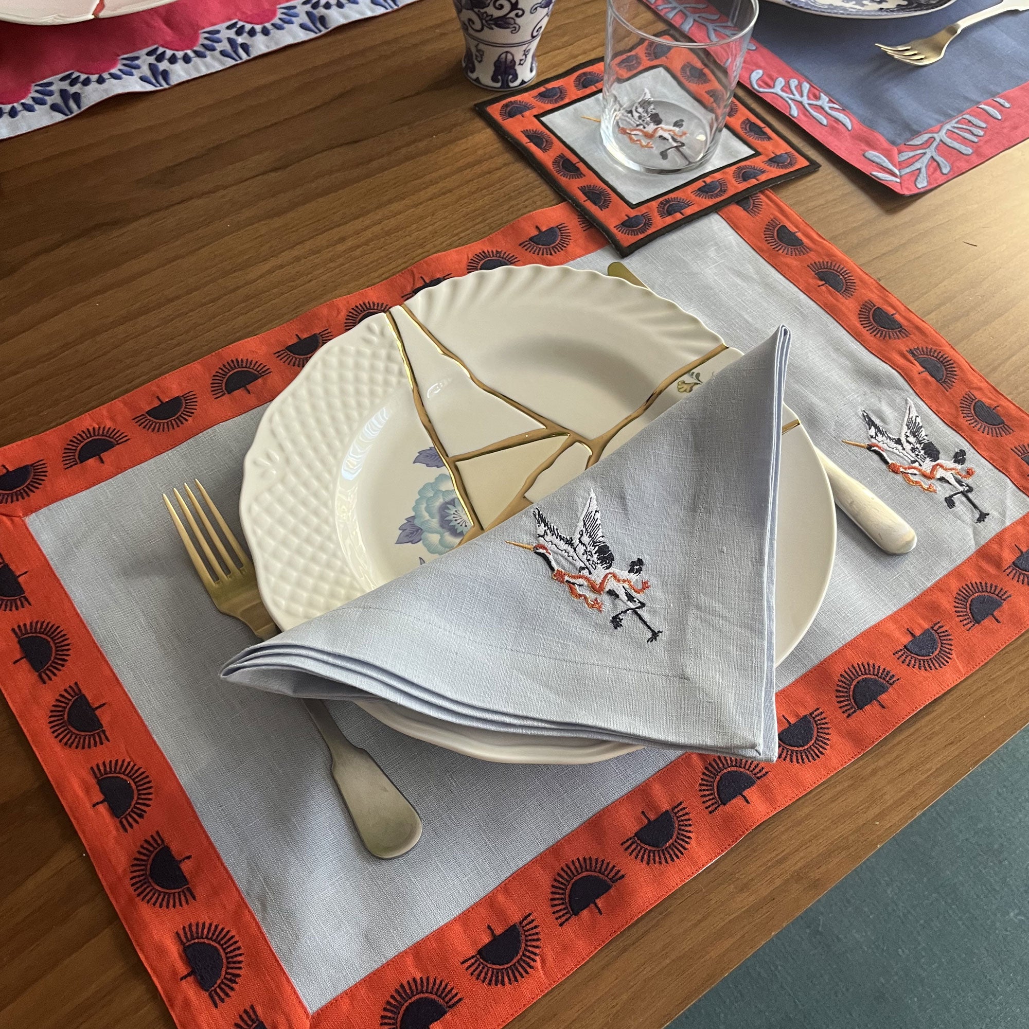 Animal Print Dinner Napkins - Japanese Crane Pattern  Blue Linen Napkin Set of 2, 4, 6