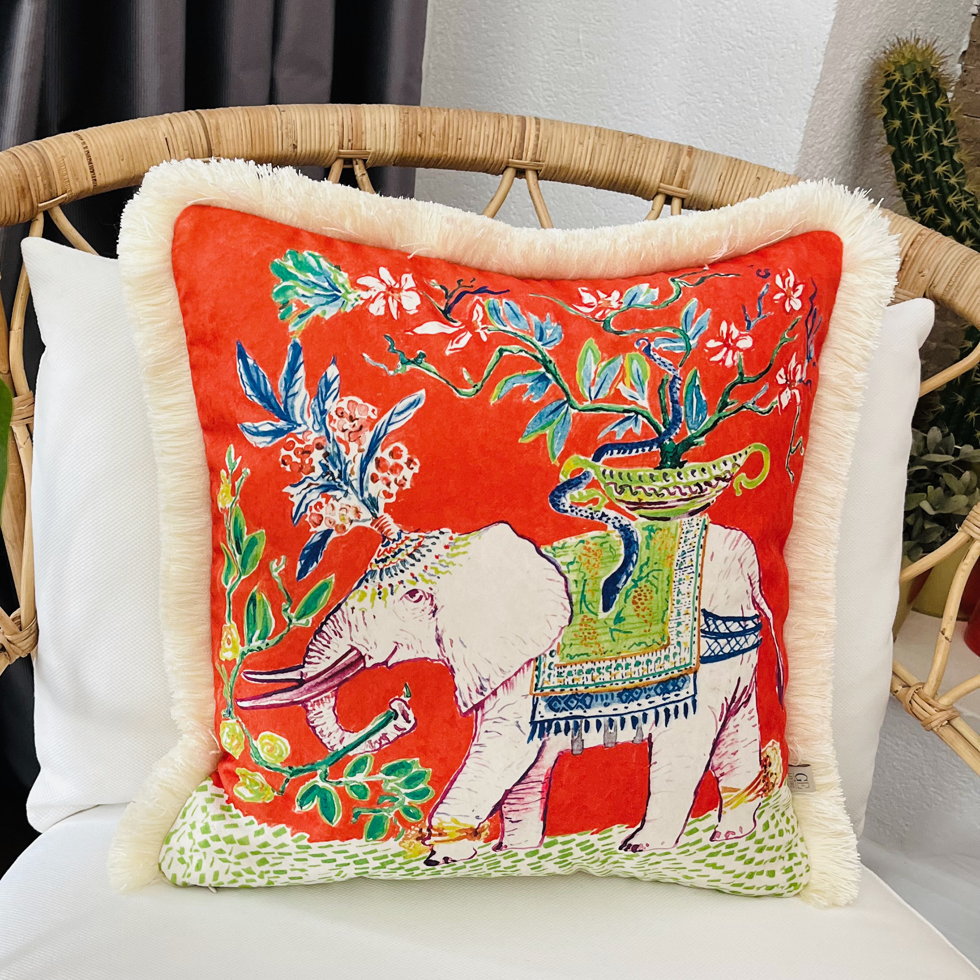 Elephant Pattern Pillow Cover | Red Velvet Cushion Cover | Cream Tassel Decor