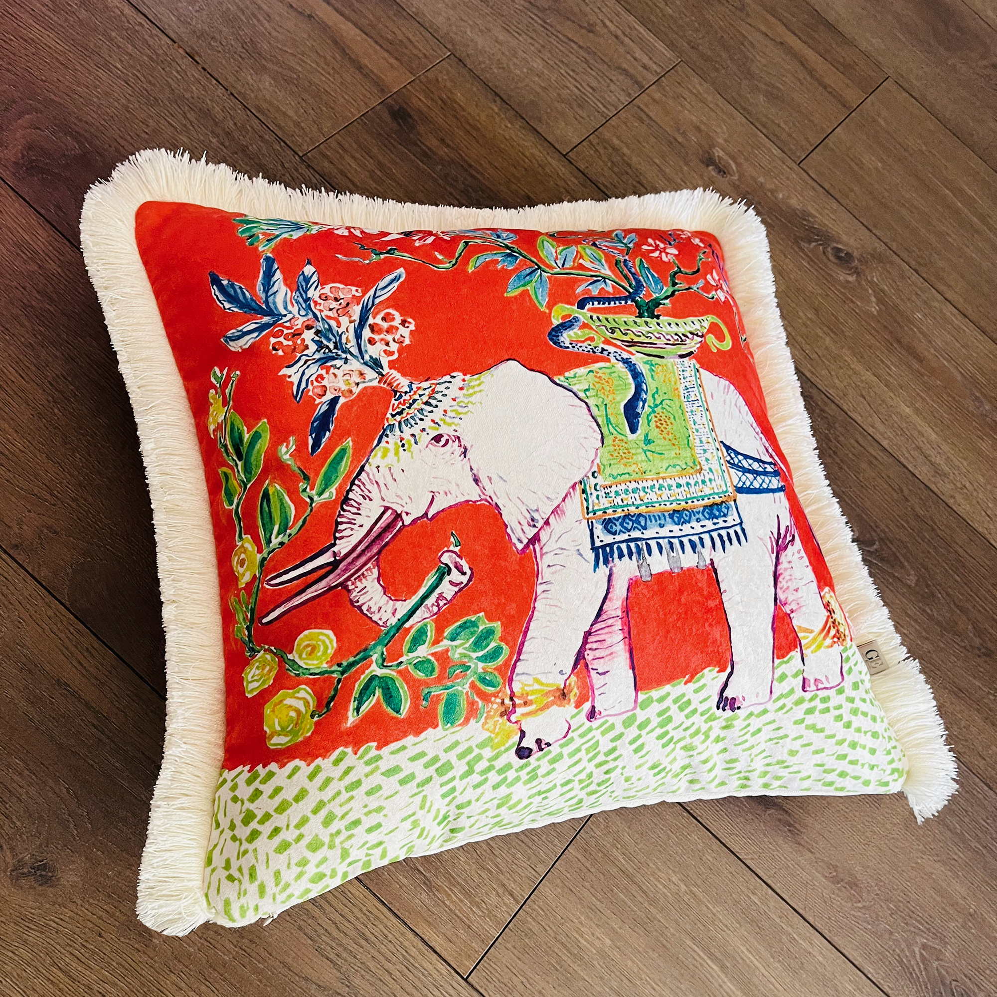 Elephant Pattern Pillow Cover | Red Velvet Cushion Cover | Cream Tassel Decor