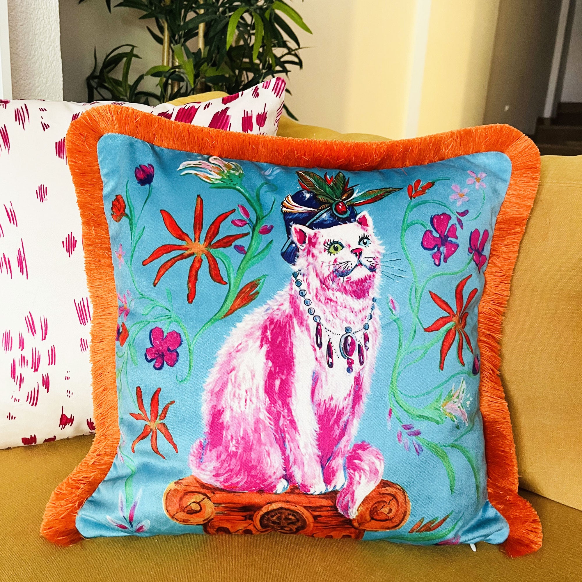 Pink Cat Pillow Cover | Blue Velvet Decorative Cushion | Orange Tassels | Turkish Van Cat Design | Symbol of Love