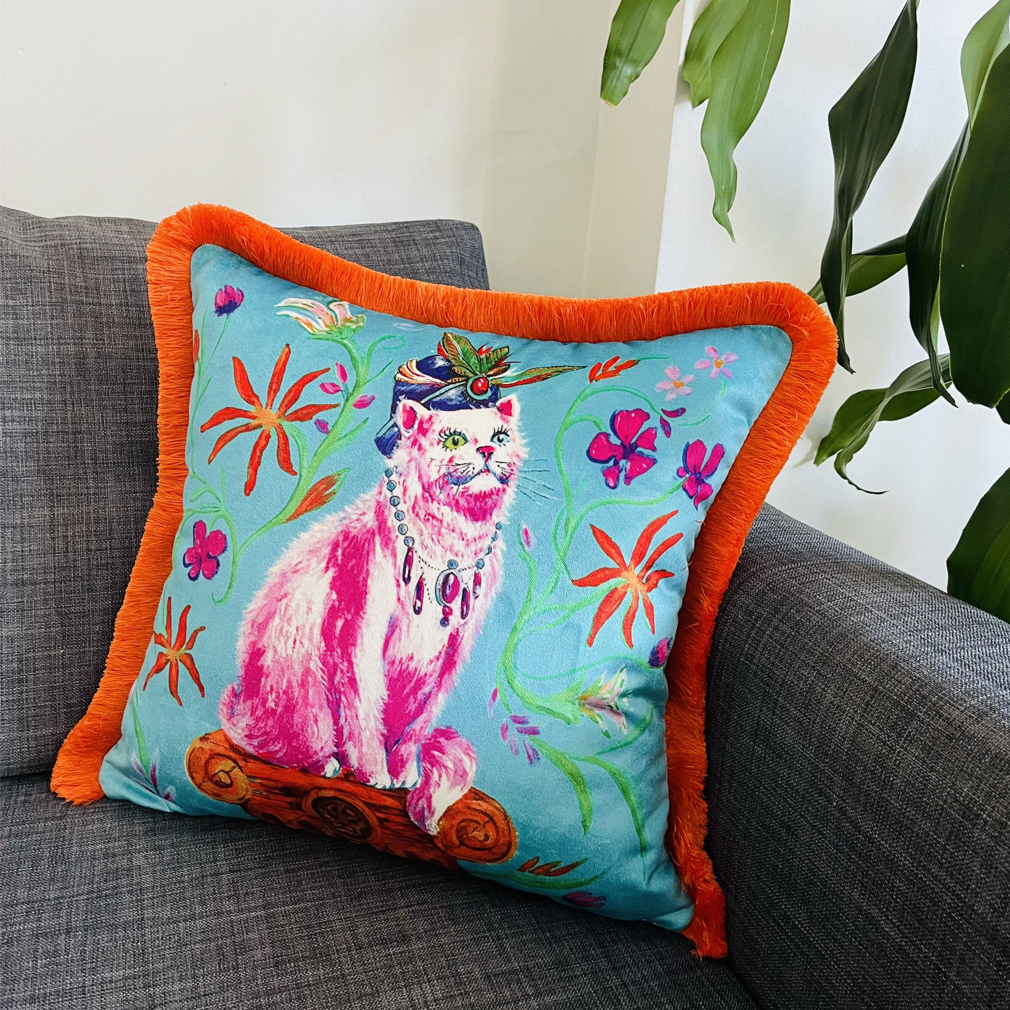 Pink Cat Pillow Cover | Blue Velvet Decorative Cushion | Orange Tassels | Turkish Van Cat Design | Symbol of Love