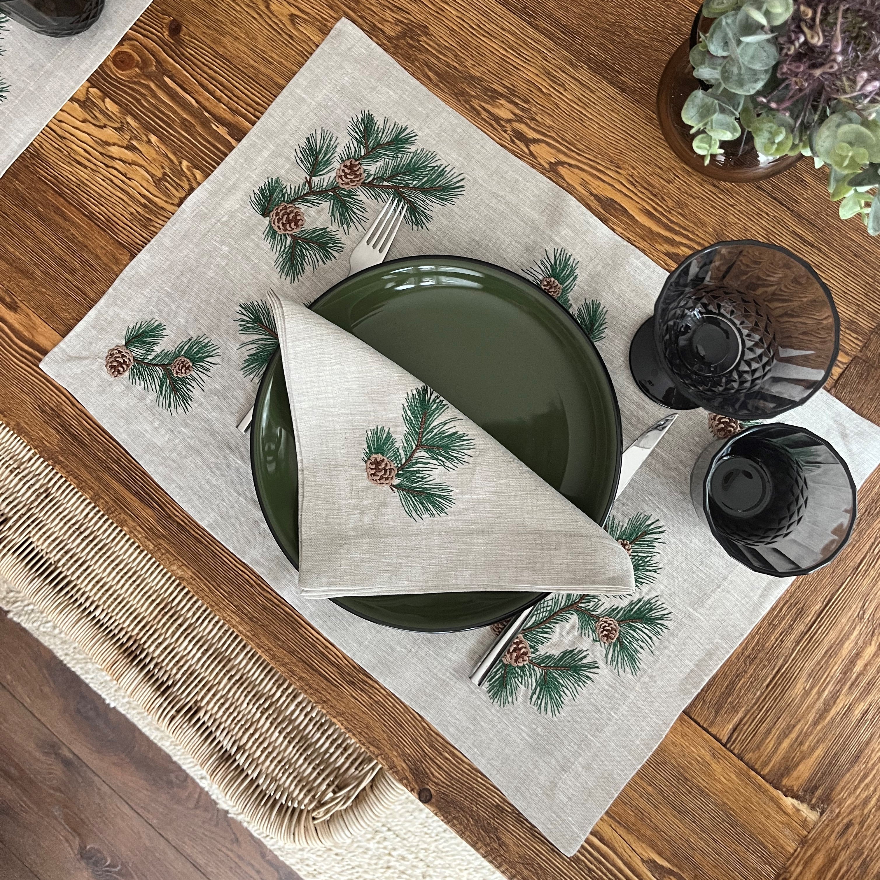 Pine Cone Christmas Napkins - Beige New Year Linen Napkins Set - Holiday Table Decor - Cloth Dinner Napkin Set of 2, 4, 6 - Unique Home Linens