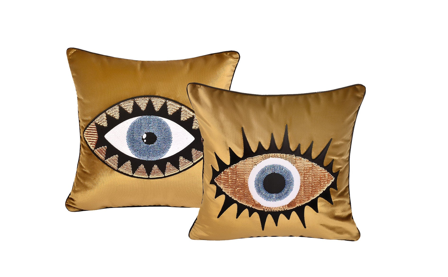 Throw Pillow Set - Evil Eye Pillow Covers - Gold Velvet Accent Pillows - Unique Home Decor Cushions - Amulet Protection against Misfortune