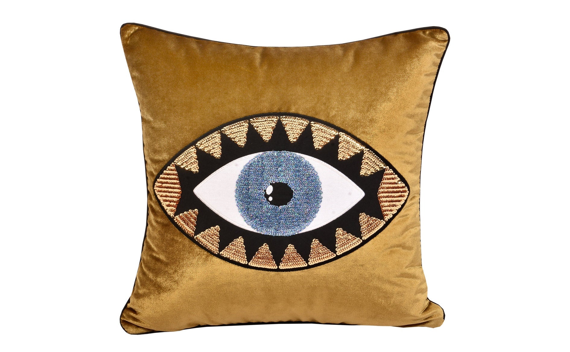 Decorative Throw Pillow Cover - Gold Velvet Cushion Cover - Evil Eye Pattern Accent Pillow - Boho Home Decor -  Protection Against Bad Luck