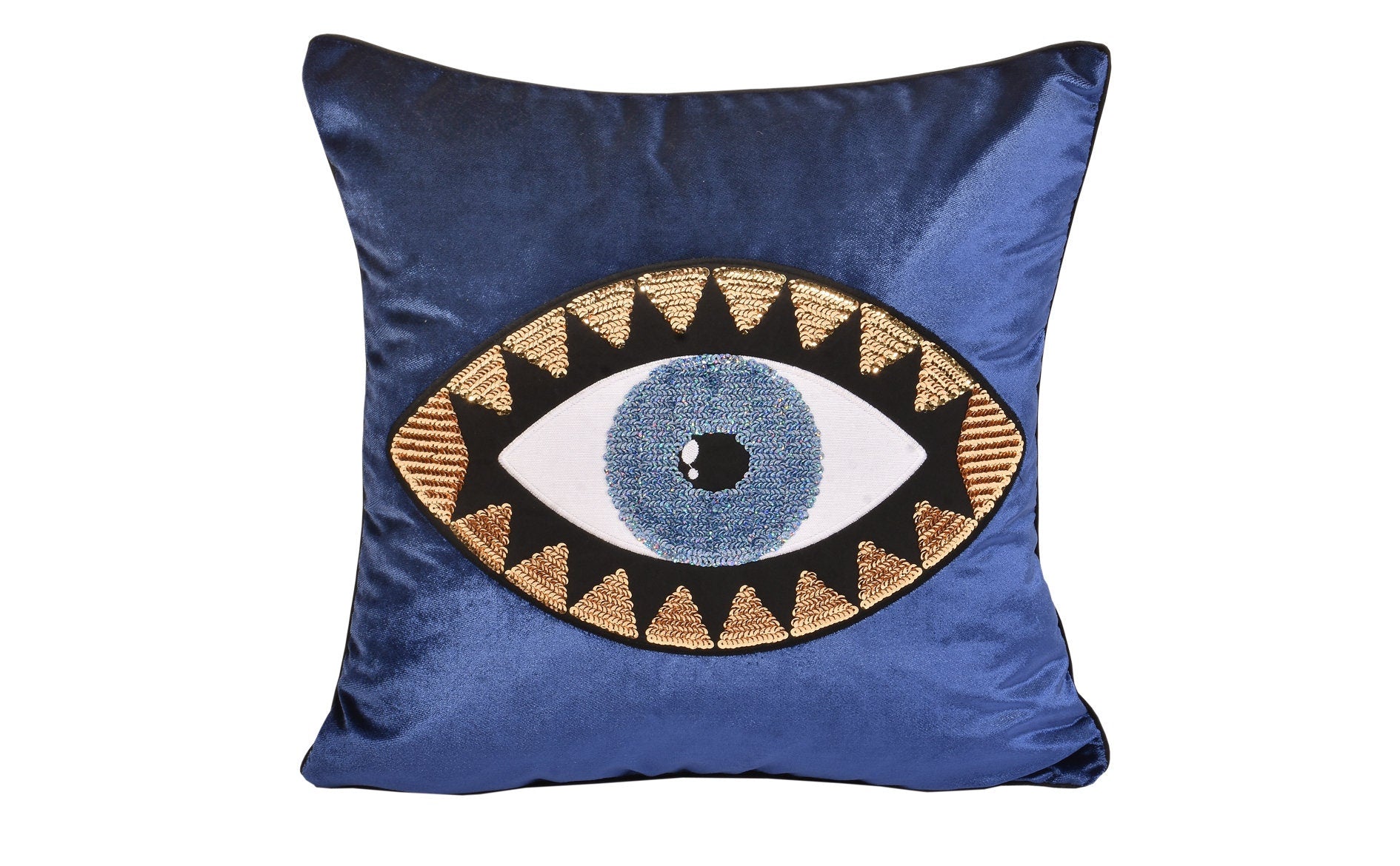 Decorative Evil Eye Pattern Throw Pillow Cover For Couch – Eye-Catching Midnight Blue Velvet Cushion Cover – Unique Home Decoration Pillow