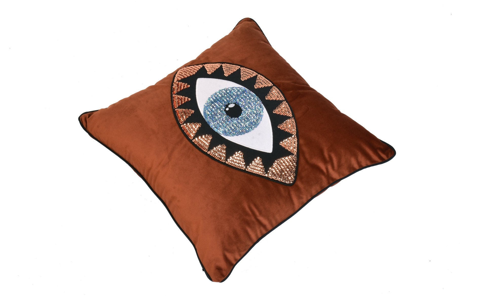 Decorative Throw Pillow - Evil Eye Cushion Cover -Brick Red Velvet Pillow Case - Protection against Misfortune - Decorative Aura Protector