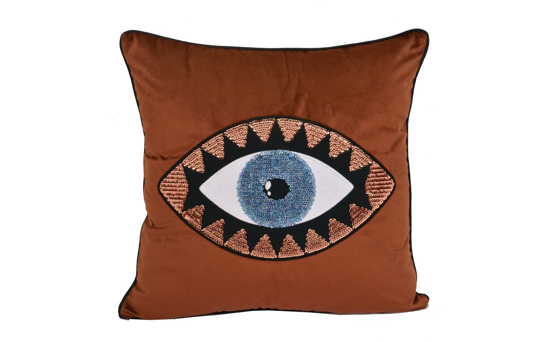 Decorative Throw Pillow - Evil Eye Cushion Cover -Brick Red Velvet Pillow Case - Protection against Misfortune - Decorative Aura Protector