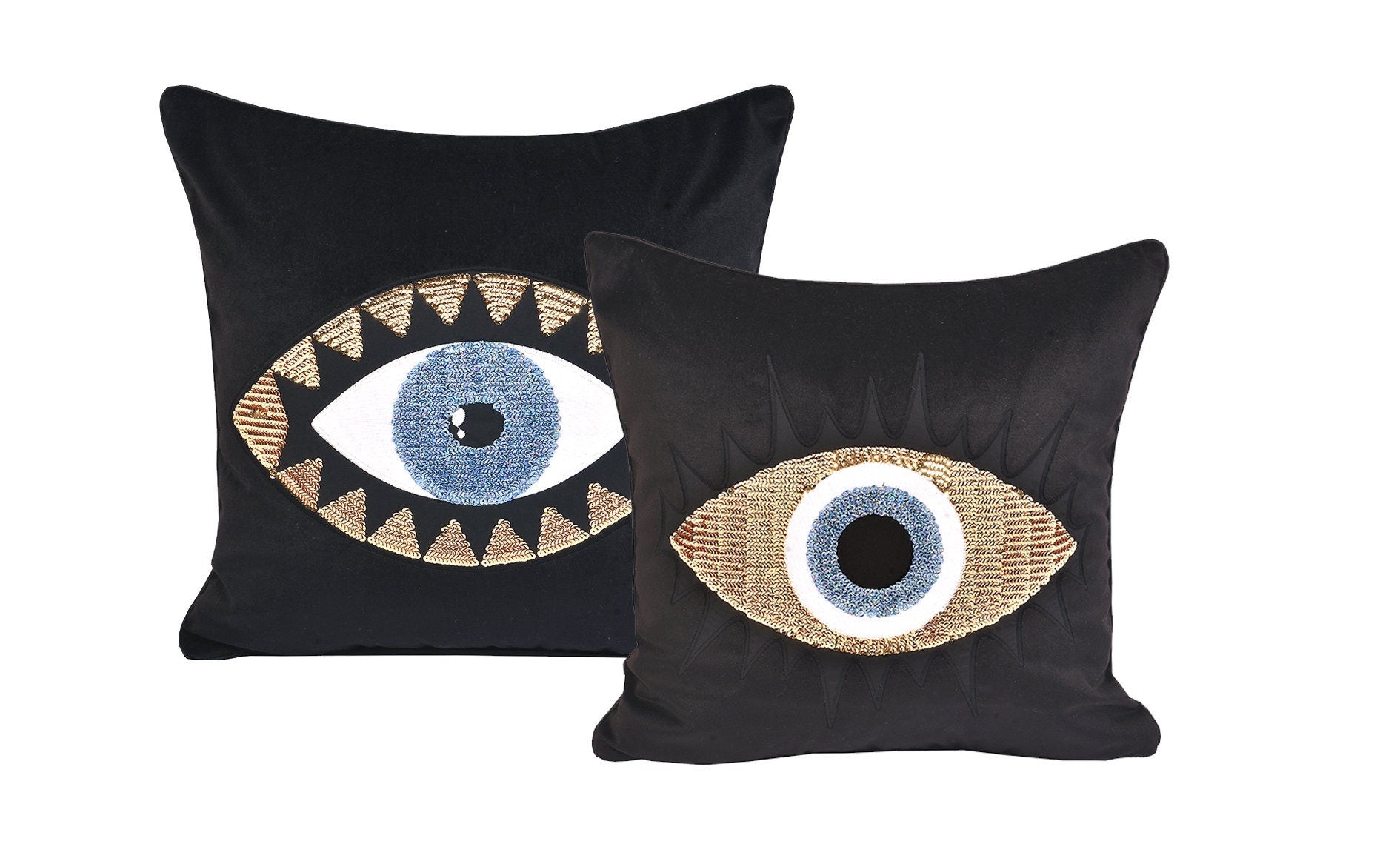 Throw Pillow Set - Evil Eye Pillow Covers - Black Velvet Throw Pillows - Gold & Blue Sequin Accent Cushions - Amulet Bad Vibes Protector