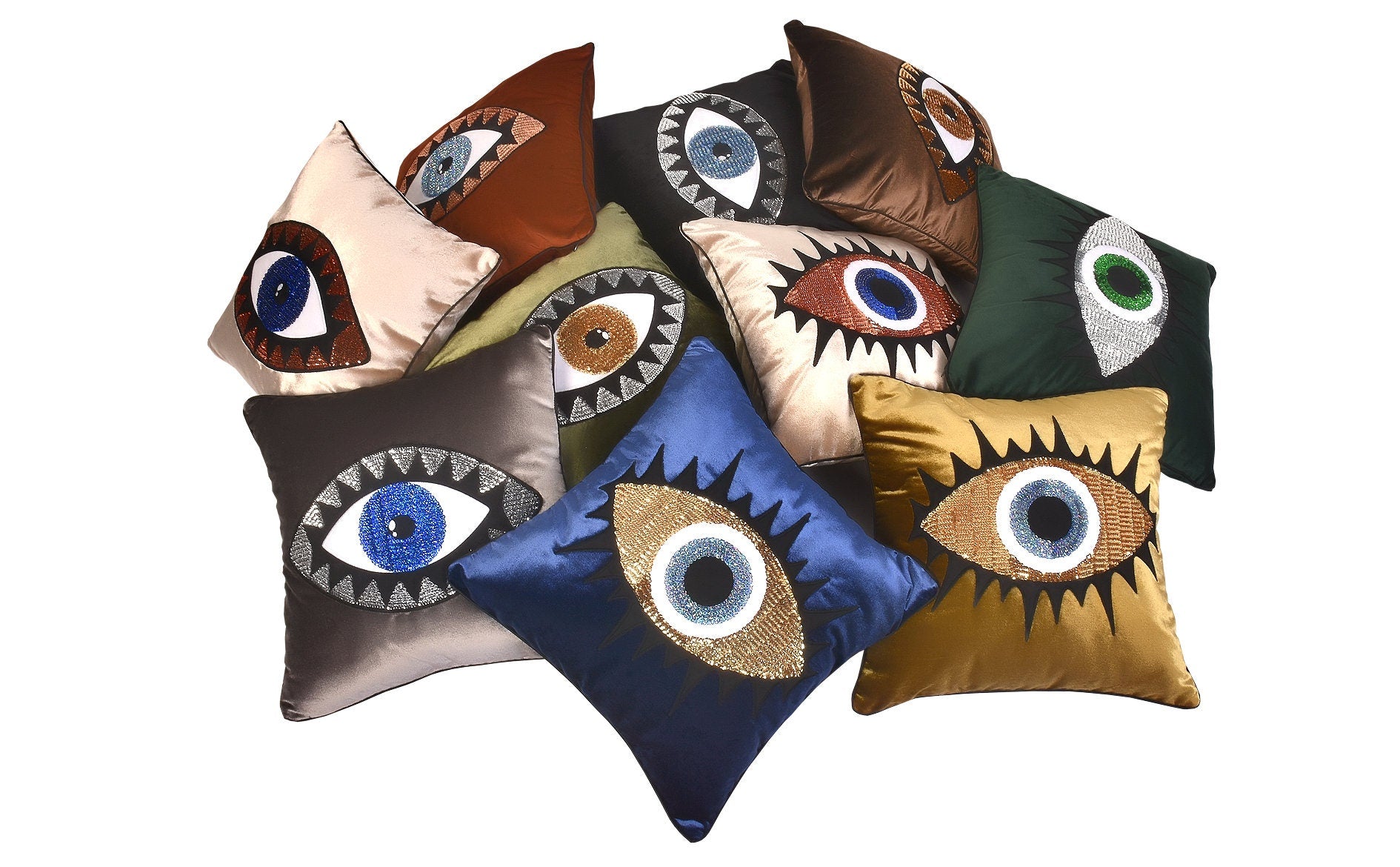 Throw Pillow Set - Evil Eye Pillow Covers - Gray Velvet Accent Pillows - Unique Home Decor Cushions - Amulet Protection against Misfortune