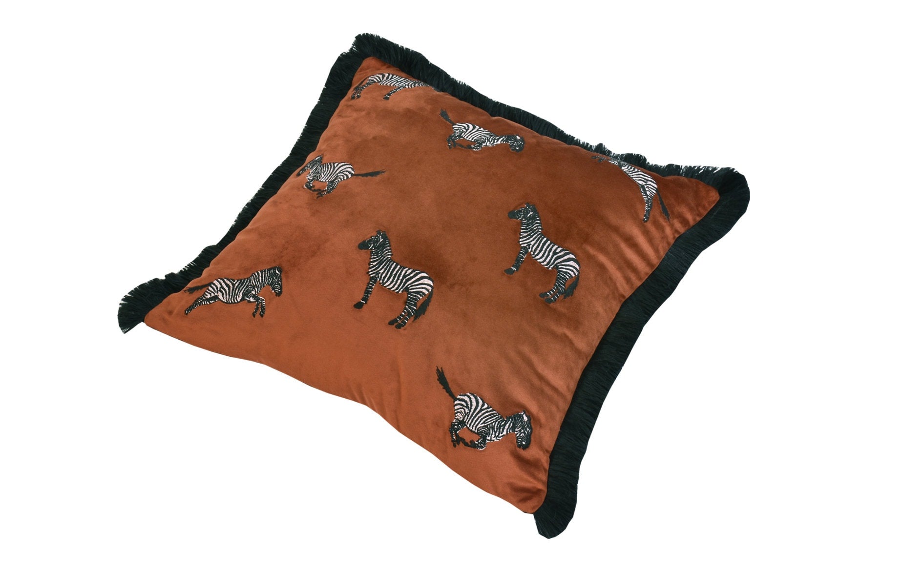 Zebra Print Burnt Orange Pillow Cover | Black Tassel Velvet Throw Pillow | Attractive Boho Home Decor Cushion Cover | Animal Print Pillows