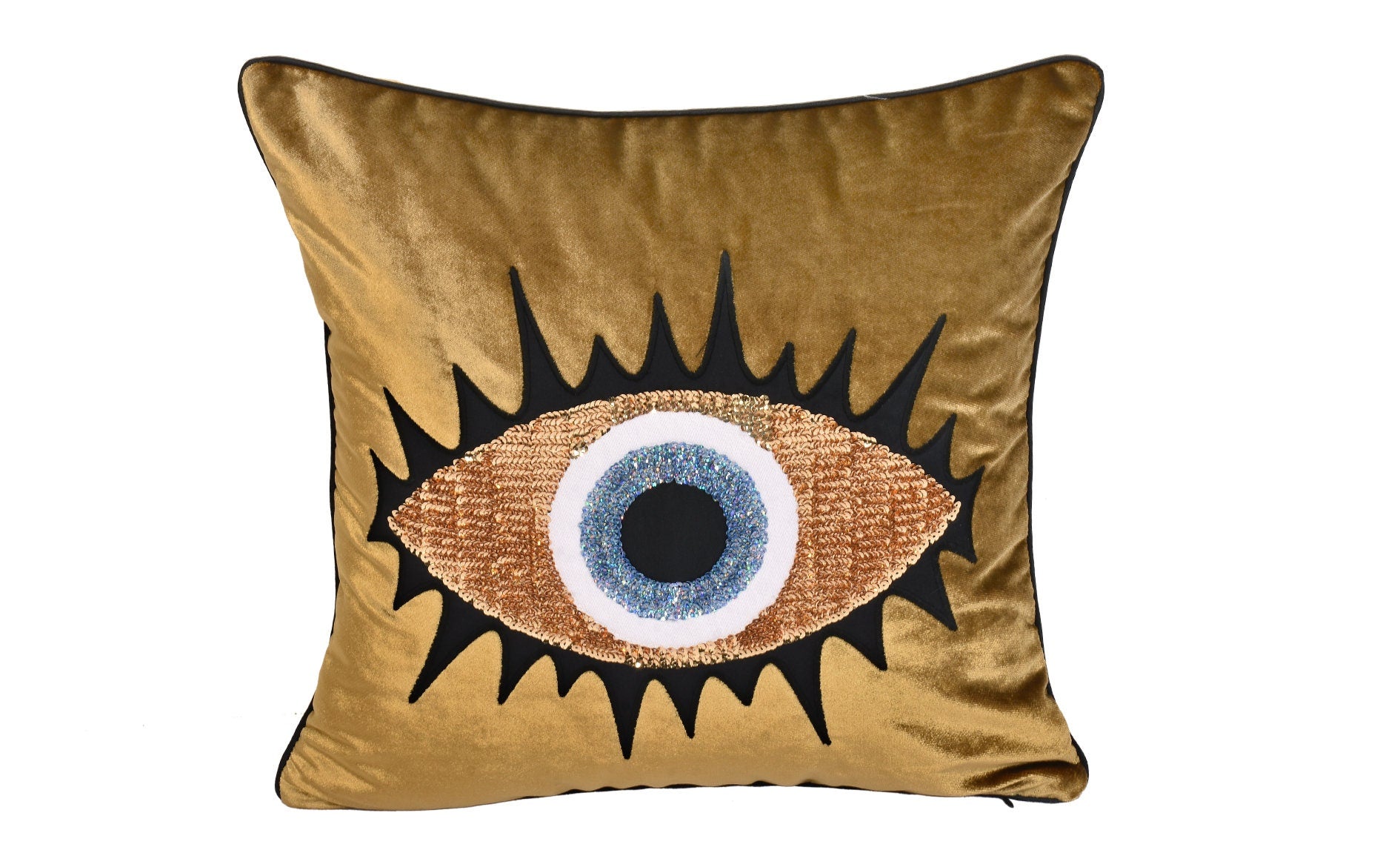 Evil Eye Pillow Cover - Gold Velvet Throw Pillow - Gold Sequin Pillow Case - Handmade Cushion Cover - Protection against Bad Luck