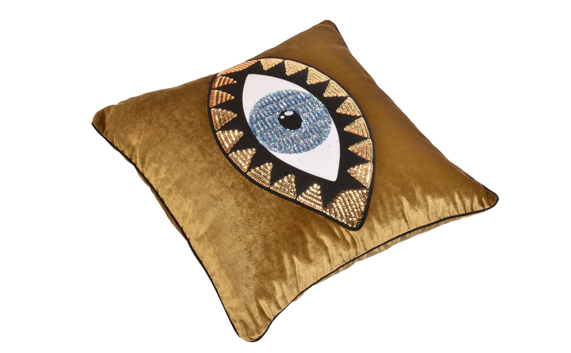 Decorative Throw Pillow Cover - Gold Velvet Cushion Cover - Evil Eye Pattern Accent Pillow - Boho Home Decor -  Protection Against Bad Luck