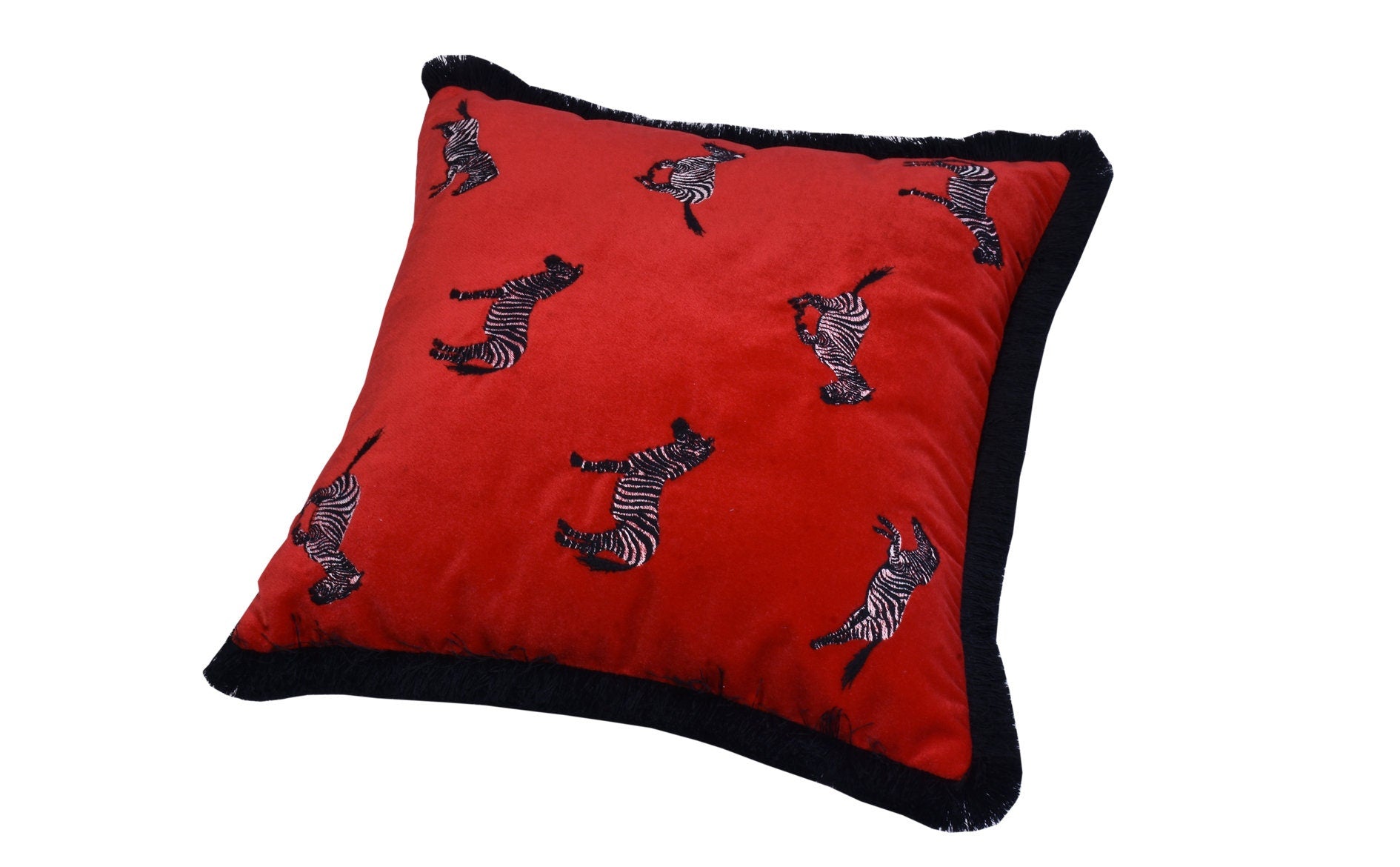 Zebra Pattern Red Velvet Pillow Cover | Black Fringe Throw Pillow | 18x18 Christmas Decoration | Red Velvet Cushion