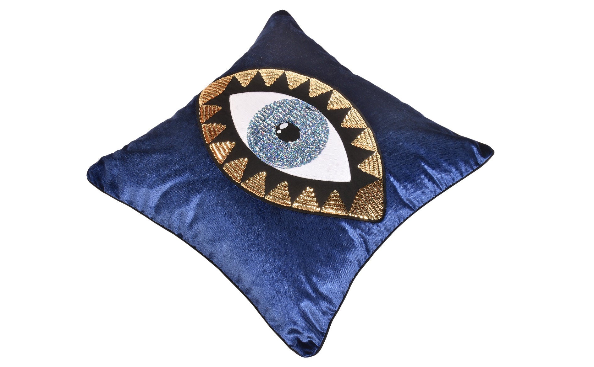 Decorative Evil Eye Pattern Throw Pillow Cover For Couch – Eye-Catching Midnight Blue Velvet Cushion Cover – Unique Home Decoration Pillow