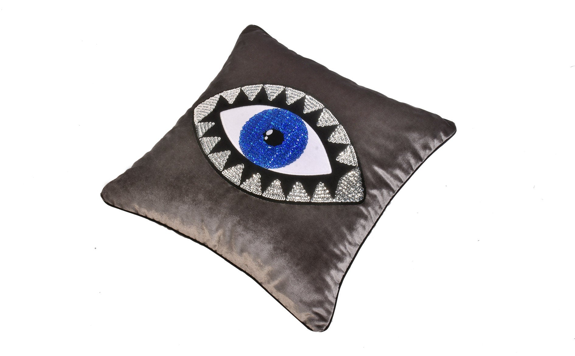 Evil Eye Pillow Cover - Handmade Pillow Case - Gray Velvet Cushion - Blue Evil Eye Throw Pillow - Protection against Bad Luck