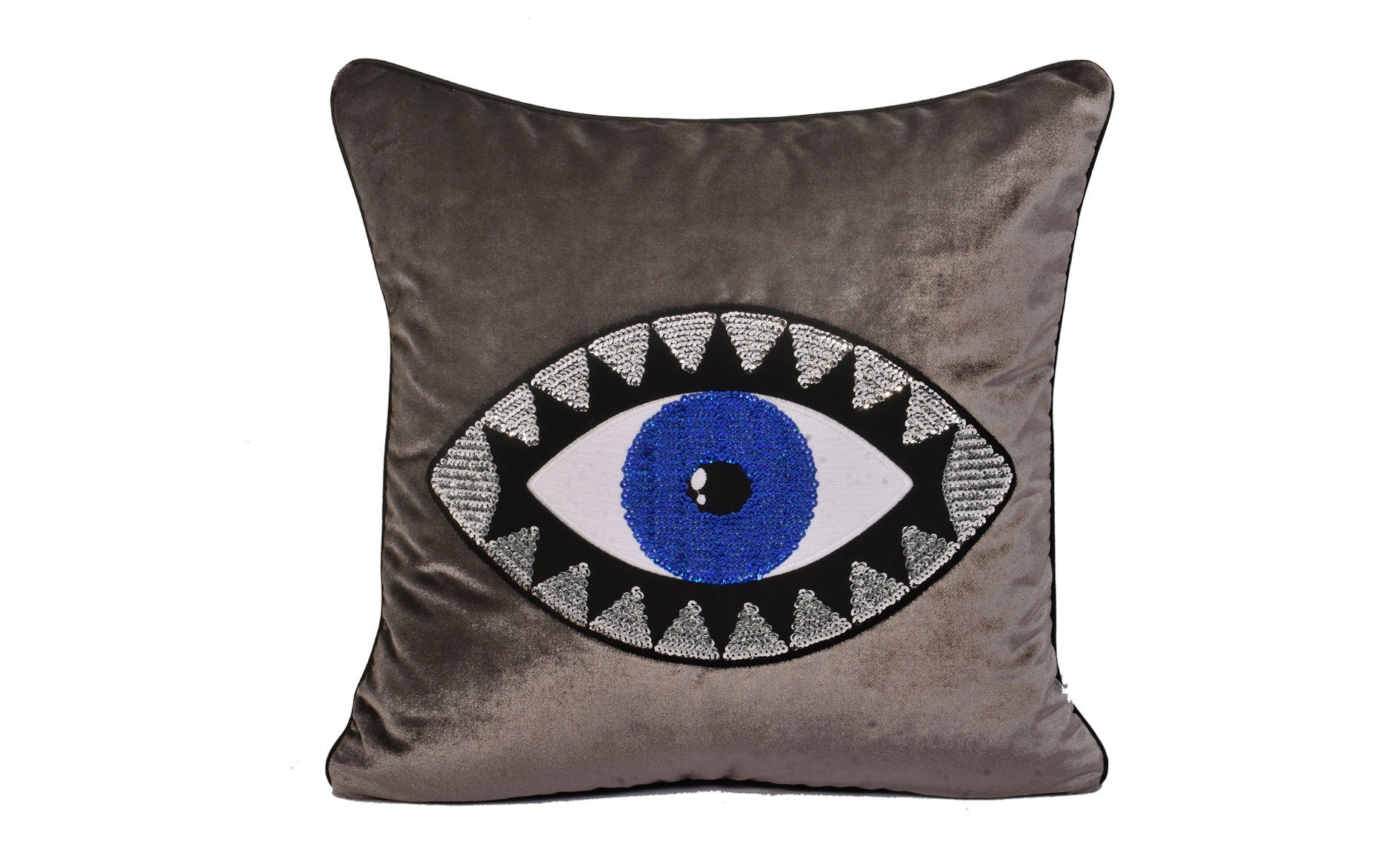 Evil Eye Pillow Cover - Handmade Pillow Case - Gray Velvet Cushion - Blue Evil Eye Throw Pillow - Protection against Bad Luck