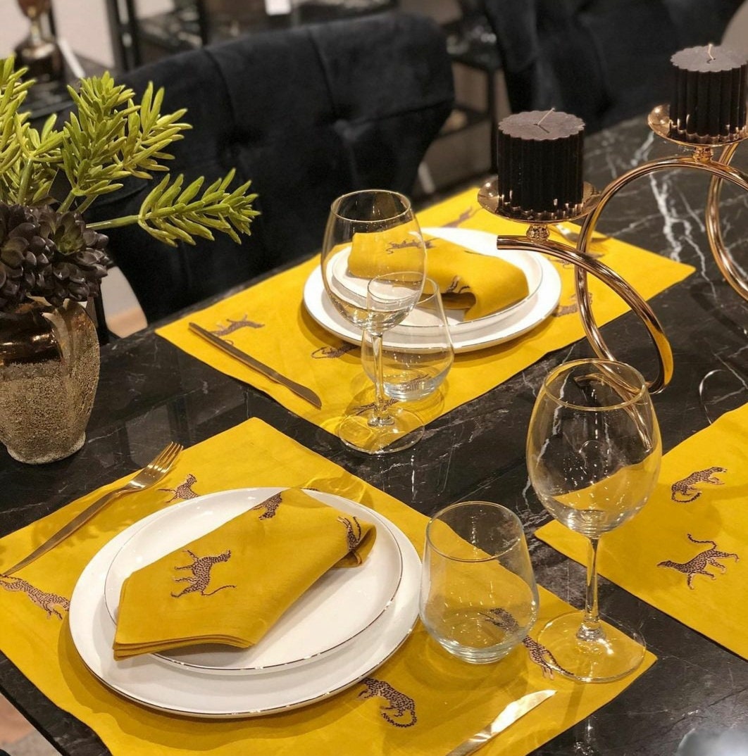 Leopard Pattern Yellow Linen Placemats | Decorative Linen Set | Unique Table Linens