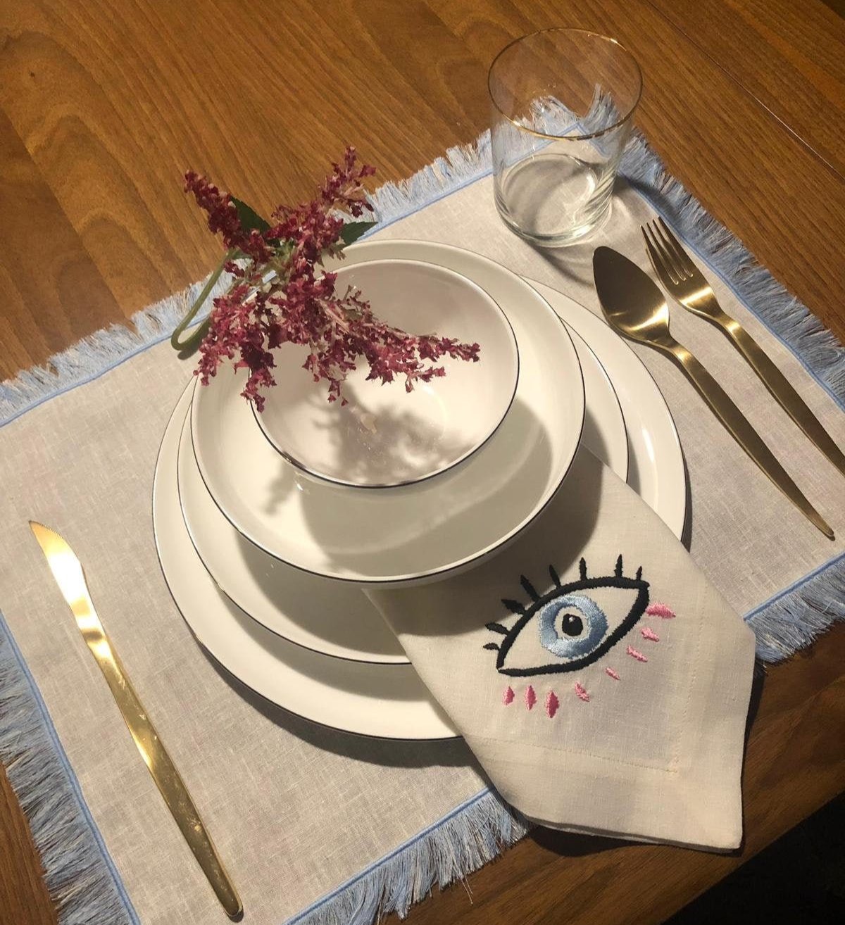 Pink Eye Pattern Napkin Set of 2 - Blue Eye Embroidered 100% Linen Service Napkins - White Linen Dining Cloth Napkins