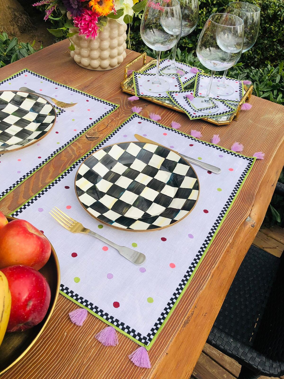 Polka Dotted White Linen Placemats | Purple Tassels | Checkered Embroidery & Green Cording