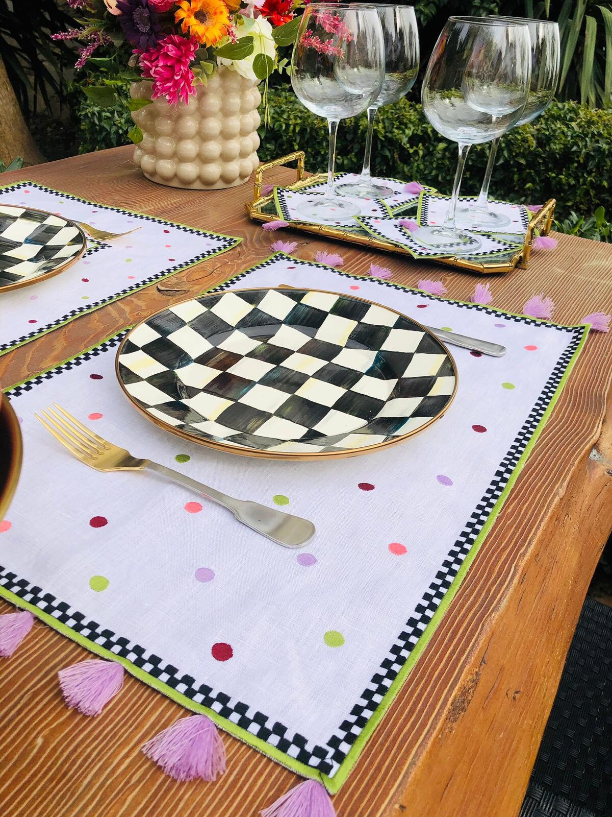 Polka Dotted White Linen Placemats | Purple Tassels | Checkered Embroidery & Green Cording