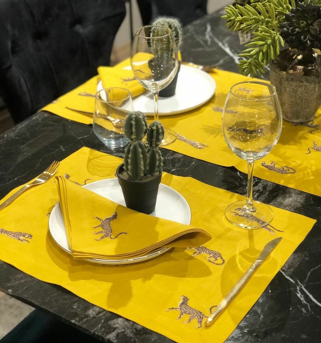 Leopard Pattern Yellow Linen Placemats | Decorative Linen Set | Unique Table Linens