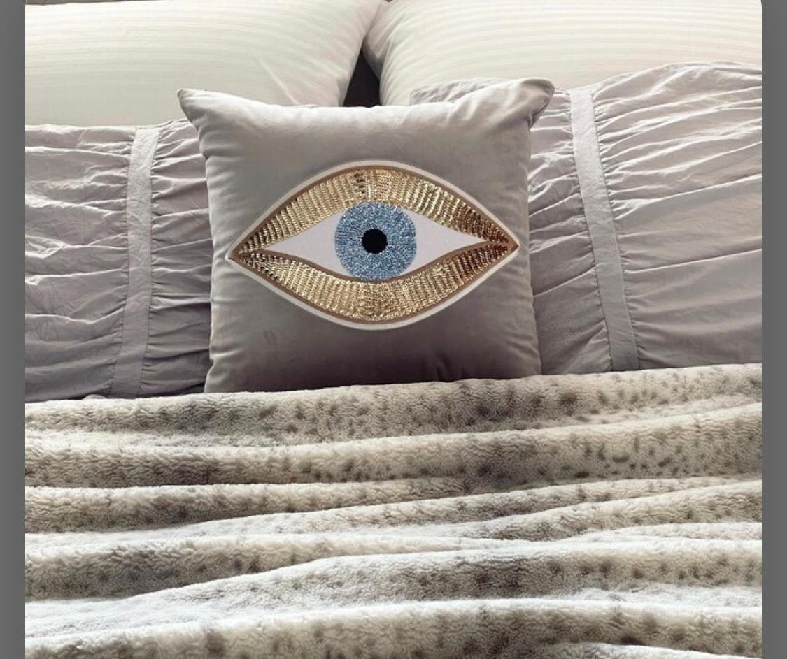 Off White Velvet Cushion Cover | Evil Eye Throw Pillow | Bed & Room Decor