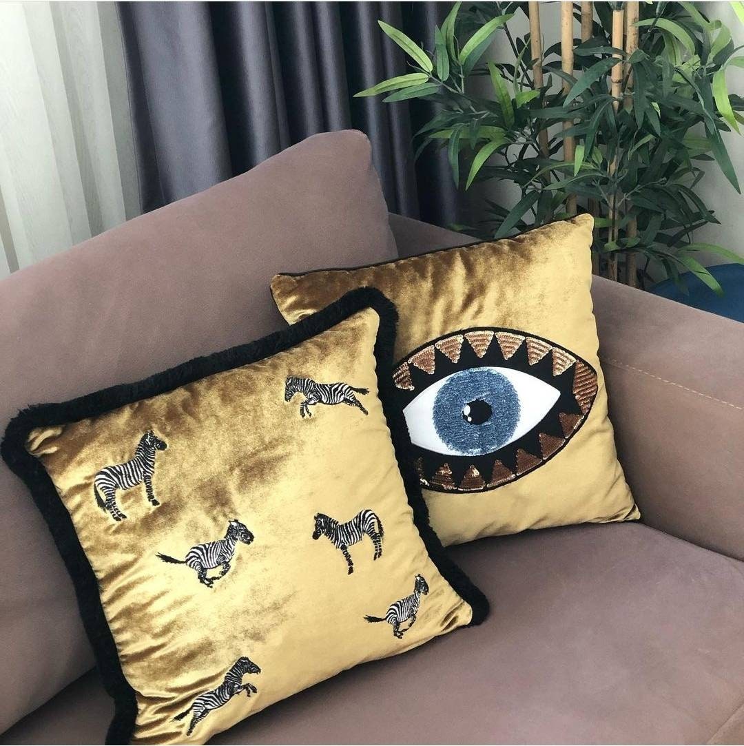 Decorative Throw Pillow Cover - Gold Velvet Cushion Cover - Evil Eye Pattern Accent Pillow - Boho Home Decor -  Protection Against Bad Luck