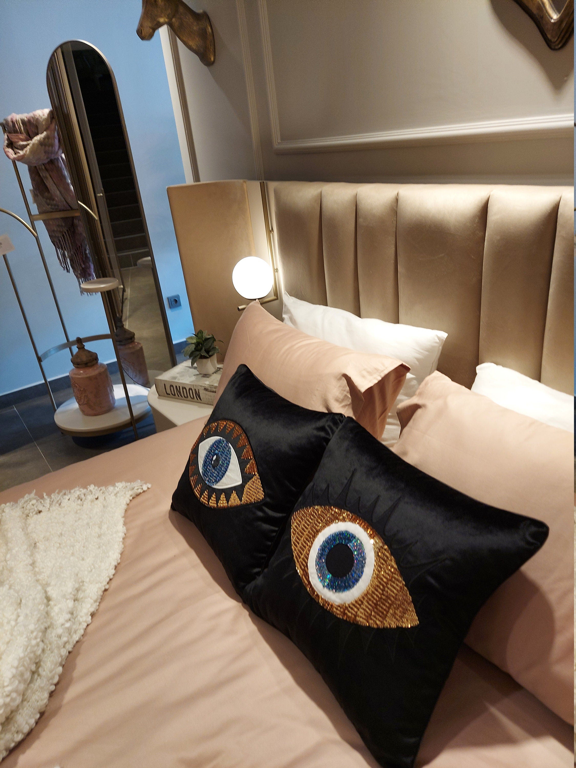 Throw Pillow Set - Evil Eye Pillow Covers - Black Velvet Throw Pillows - Gold & Blue Sequin Accent Cushions - Amulet Bad Vibes Protector