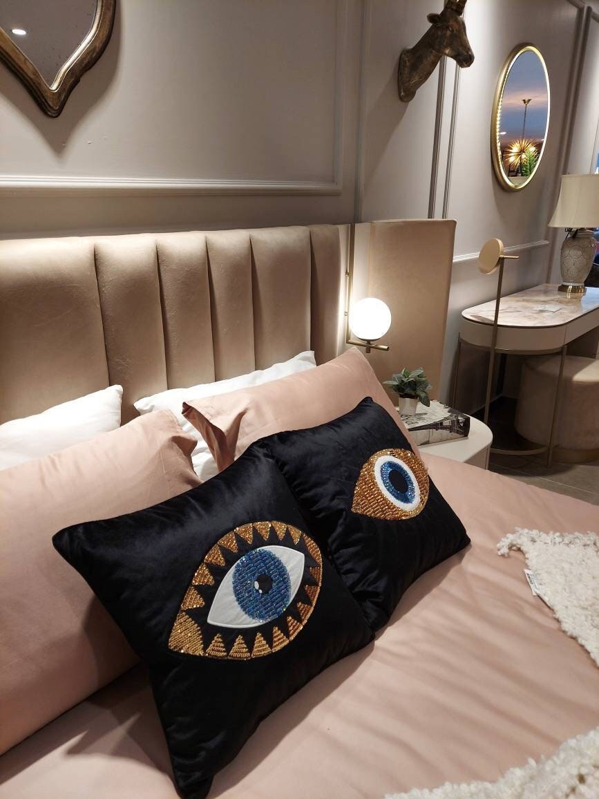 Throw Pillow Set - Evil Eye Pillow Covers - Black Velvet Throw Pillows - Gold & Blue Sequin Accent Cushions - Amulet Bad Vibes Protector