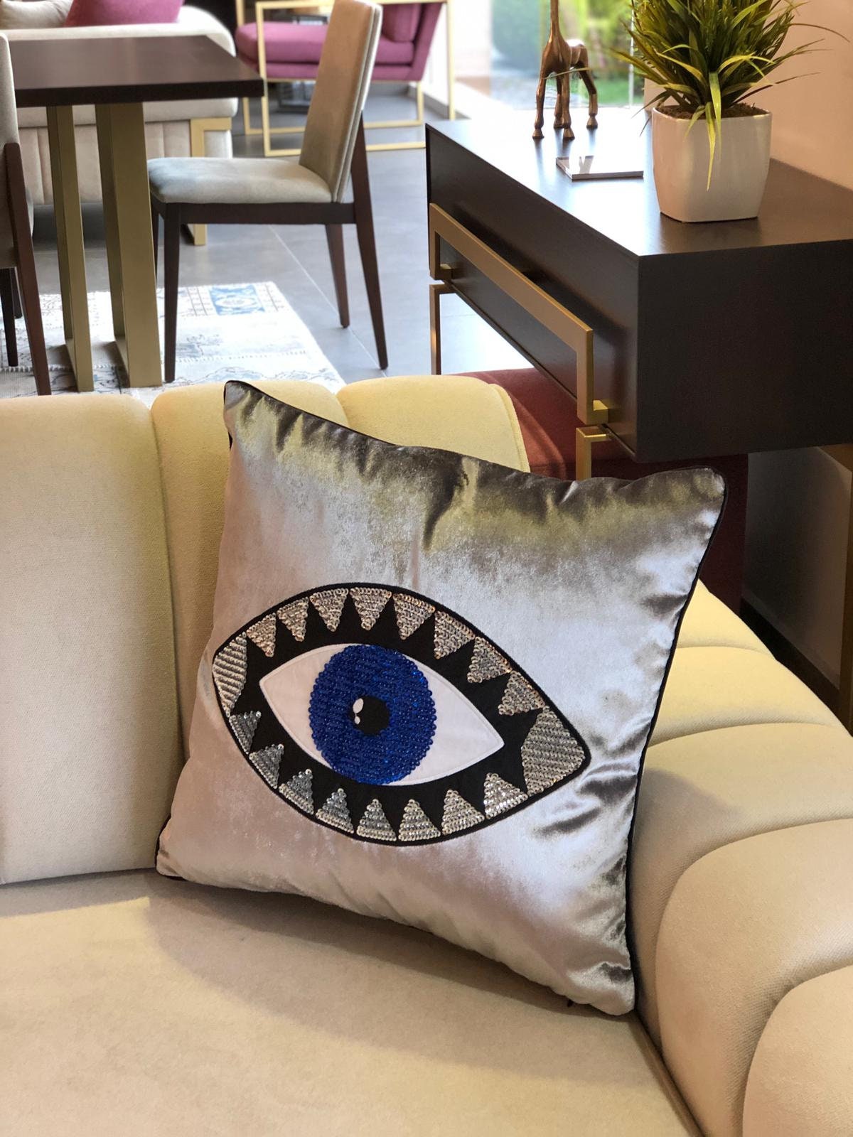 Evil Eye Pillow Cover - Handmade Pillow Case - Gray Velvet Cushion - Blue Evil Eye Throw Pillow - Protection against Bad Luck