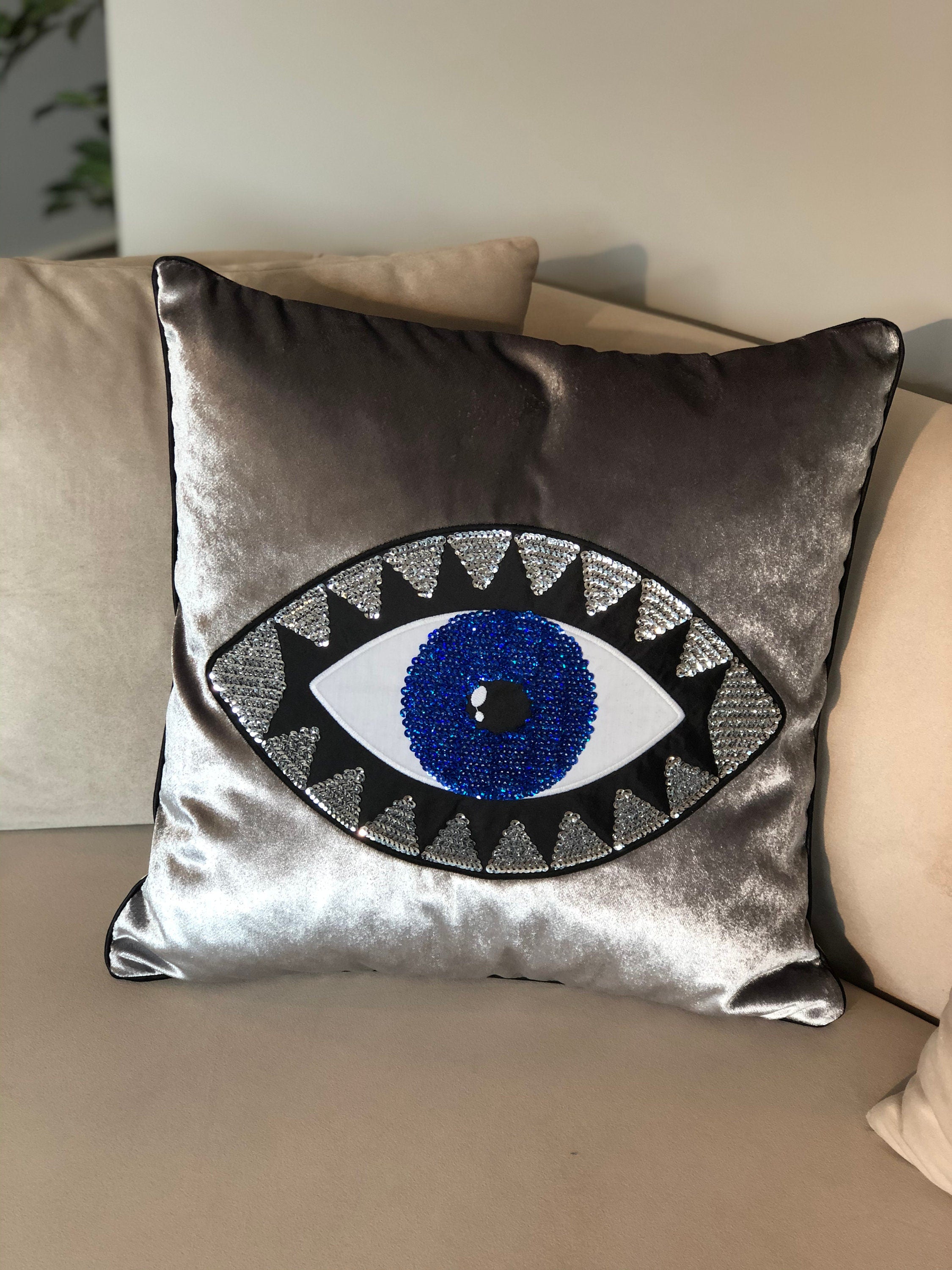 Evil Eye Pillow Cover - Handmade Pillow Case - Gray Velvet Cushion - Blue Evil Eye Throw Pillow - Protection against Bad Luck