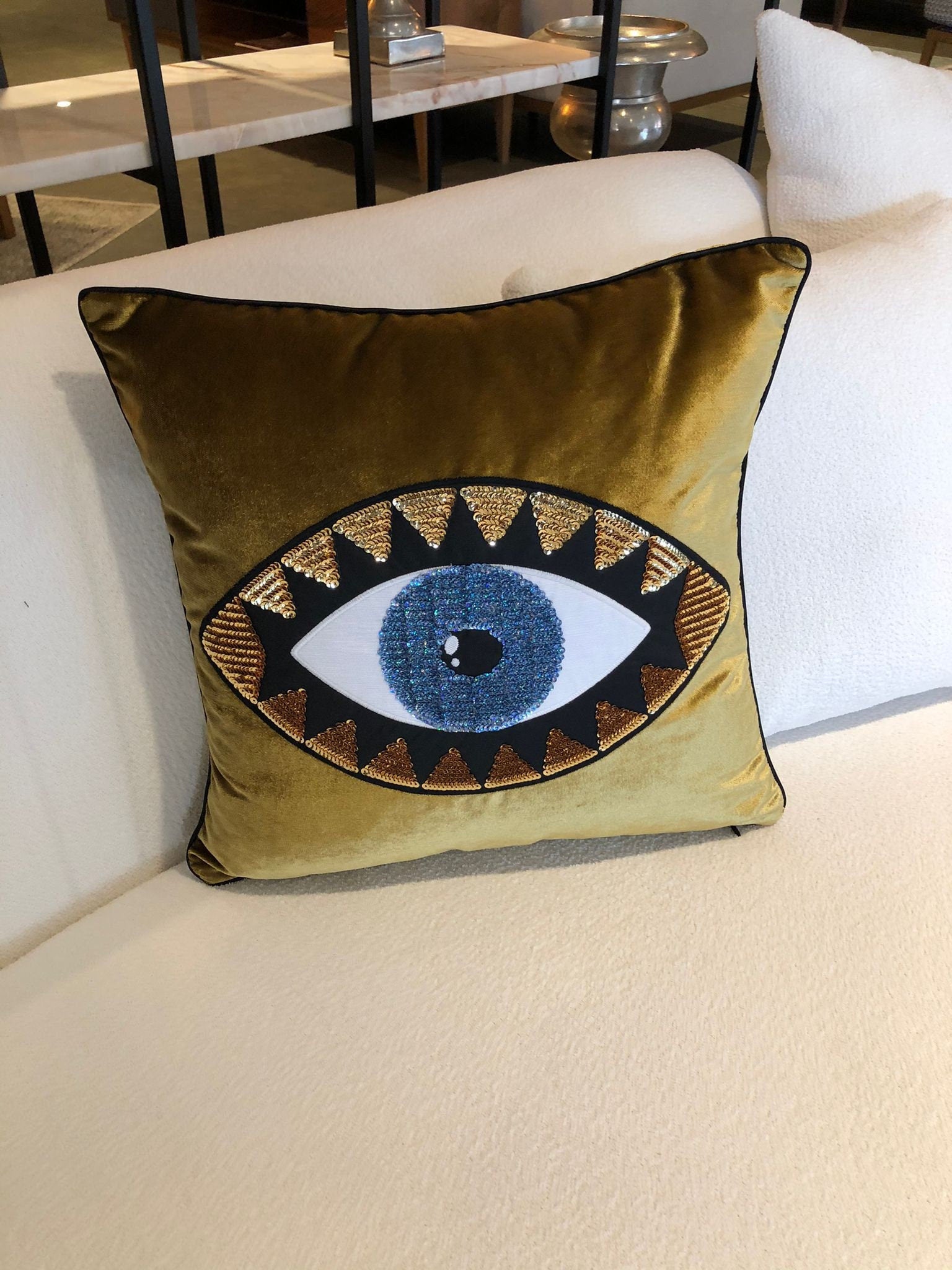 Decorative Throw Pillow Cover - Gold Velvet Cushion Cover - Evil Eye Pattern Accent Pillow - Boho Home Decor -  Protection Against Bad Luck