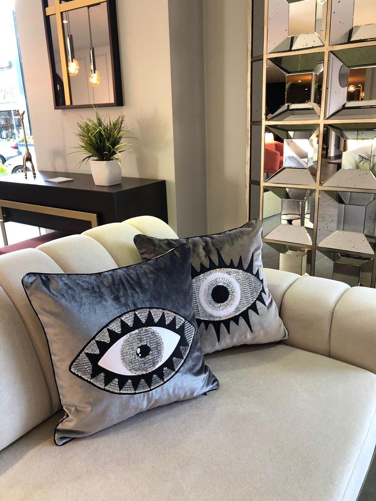 Throw Pillow Set - Evil Eye Pillow Covers - Gray Velvet Accent Pillows - Unique Home Decor Cushions - Amulet Protection against Misfortune