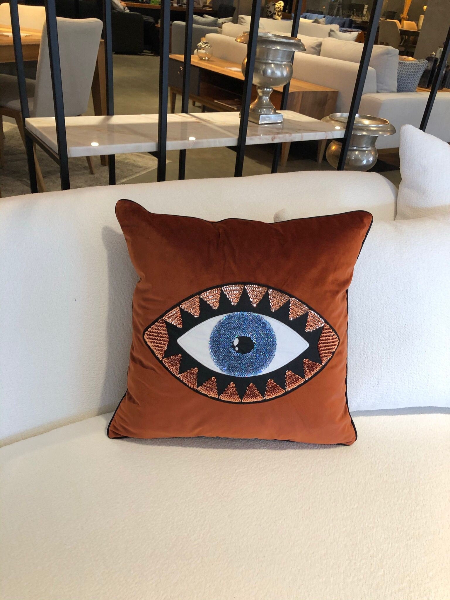 Decorative Throw Pillow - Evil Eye Cushion Cover -Brick Red Velvet Pillow Case - Protection against Misfortune - Decorative Aura Protector