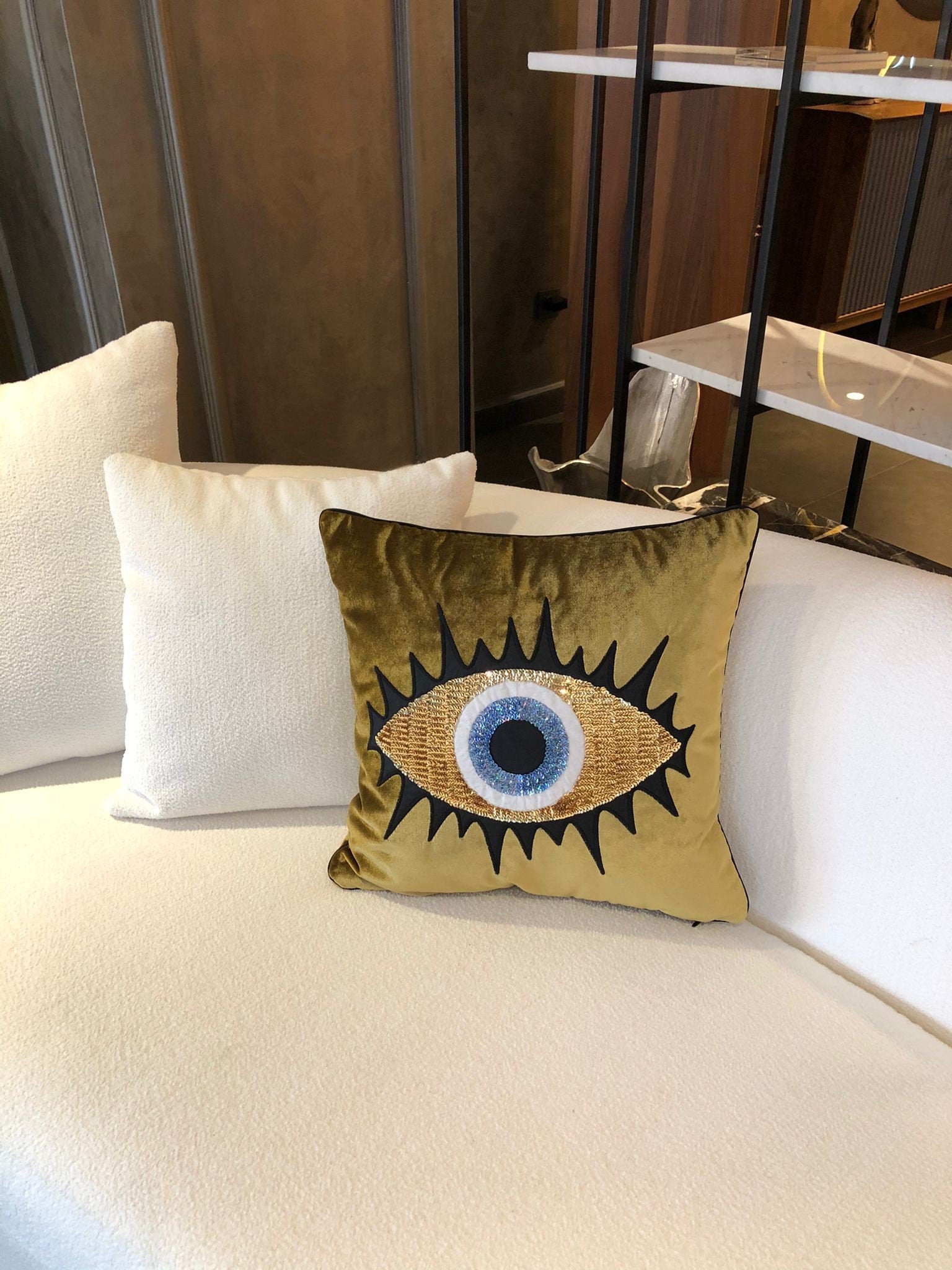 Evil Eye Pillow Cover - Gold Velvet Throw Pillow - Gold Sequin Pillow Case - Handmade Cushion Cover - Protection against Bad Luck