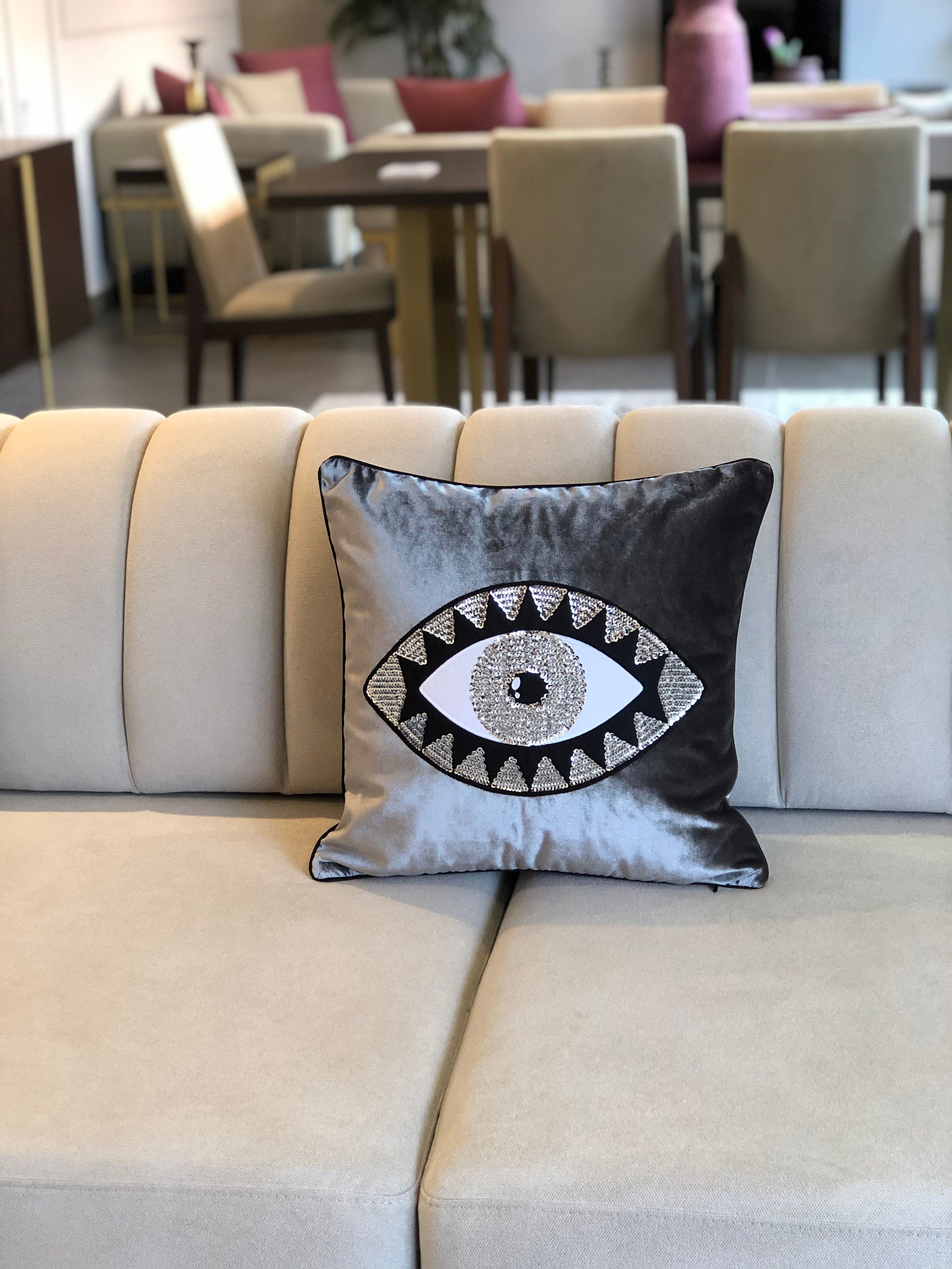 Throw Pillow Set - Evil Eye Pillow Covers - Gray Velvet Accent Pillows - Unique Home Decor Cushions - Amulet Protection against Misfortune